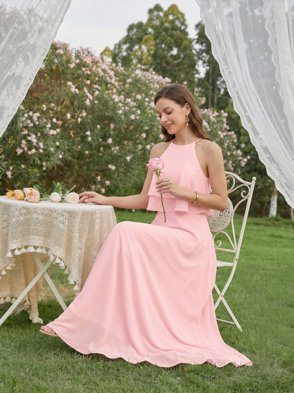 Coquette Petal Chiffon A-Line Halter neckline Back Zip with Ruffle Ankle-Length Bridesmaid Dress