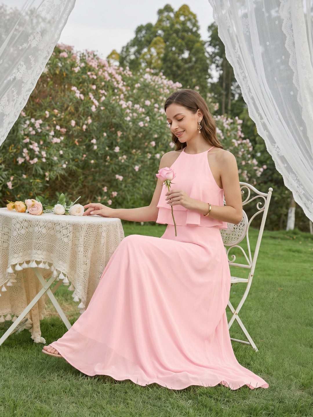 Coquette Petal Chiffon A-Line Halter neckline Back Zip with Ruffle Ankle-Length Bridesmaid Dress