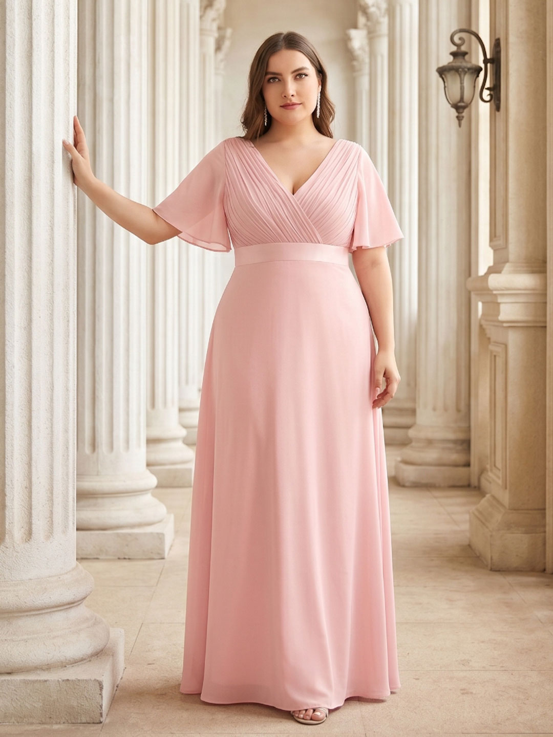 Coquette Petal Chiffon A-Line V-Neck V-Back Ankle-Length Plus Size Bridesmaid Dress