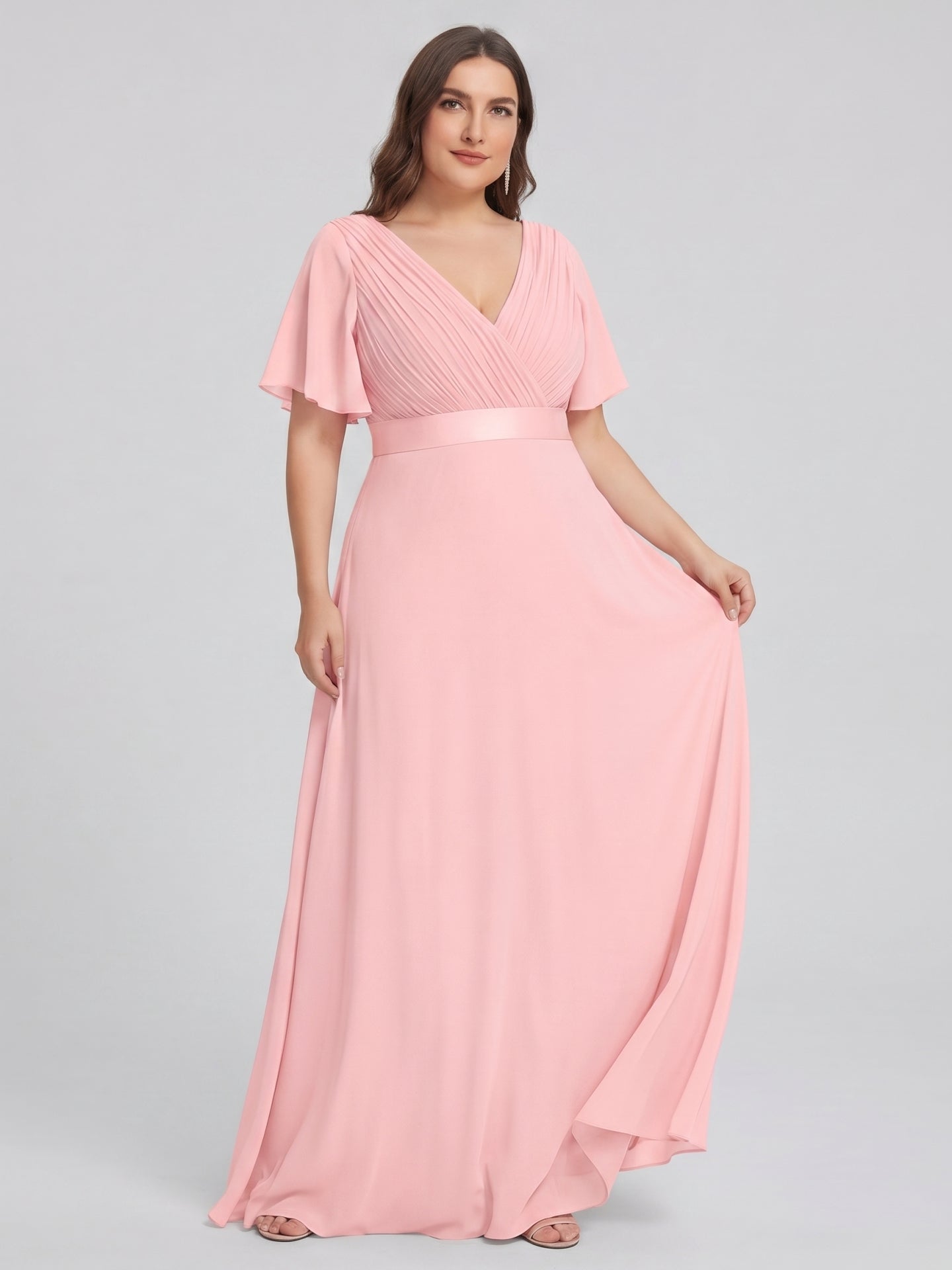 Coquette Petal Chiffon A-Line V-Neck V-Back Ankle-Length Plus Size Bridesmaid Dress