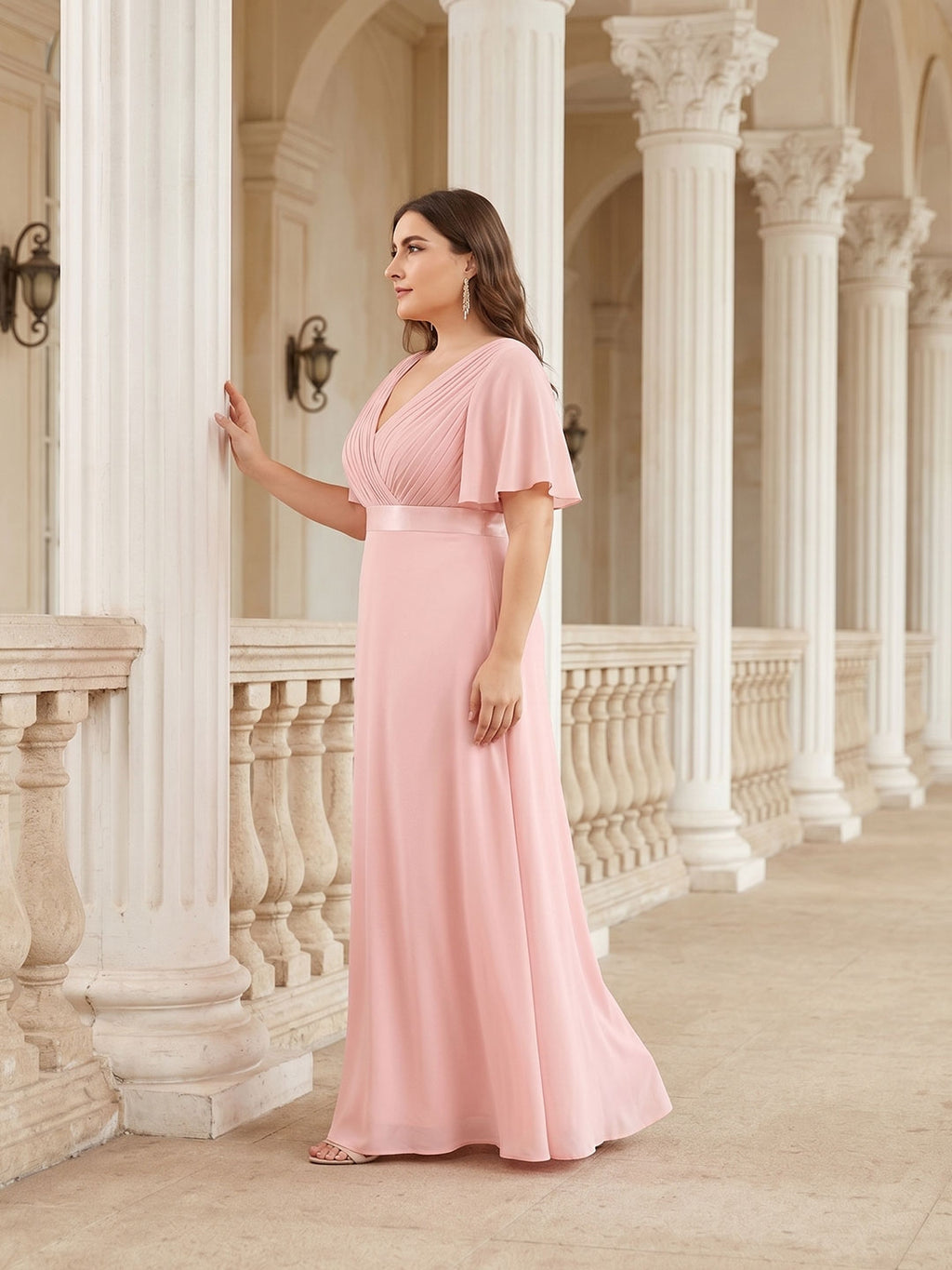 Coquette Petal Chiffon A-Line V-Neck V-Back Ankle-Length Plus Size Bridesmaid Dress