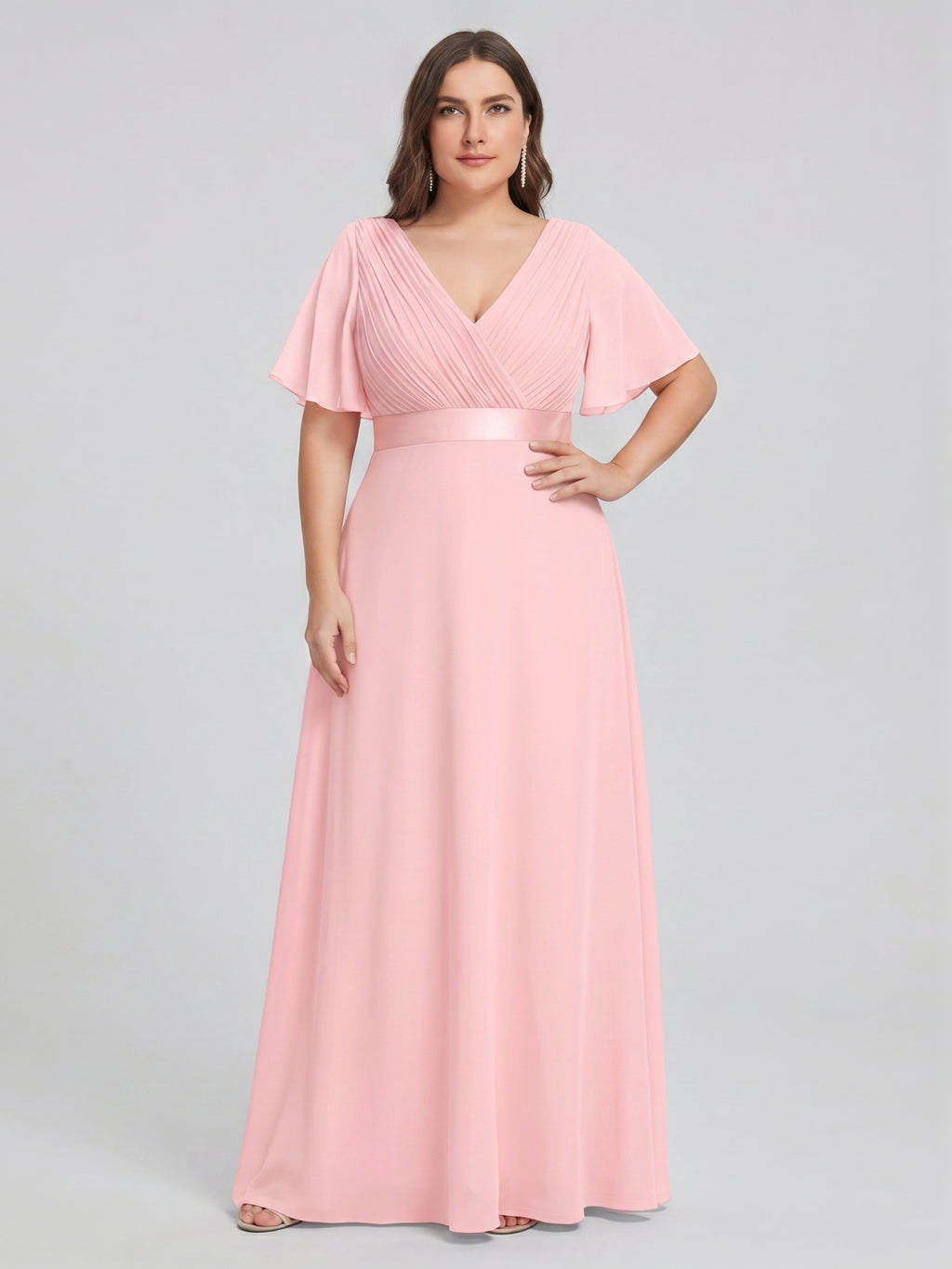 Coquette Petal Chiffon A-Line V-Neck V-Back Ankle-Length Plus Size Bridesmaid Dress