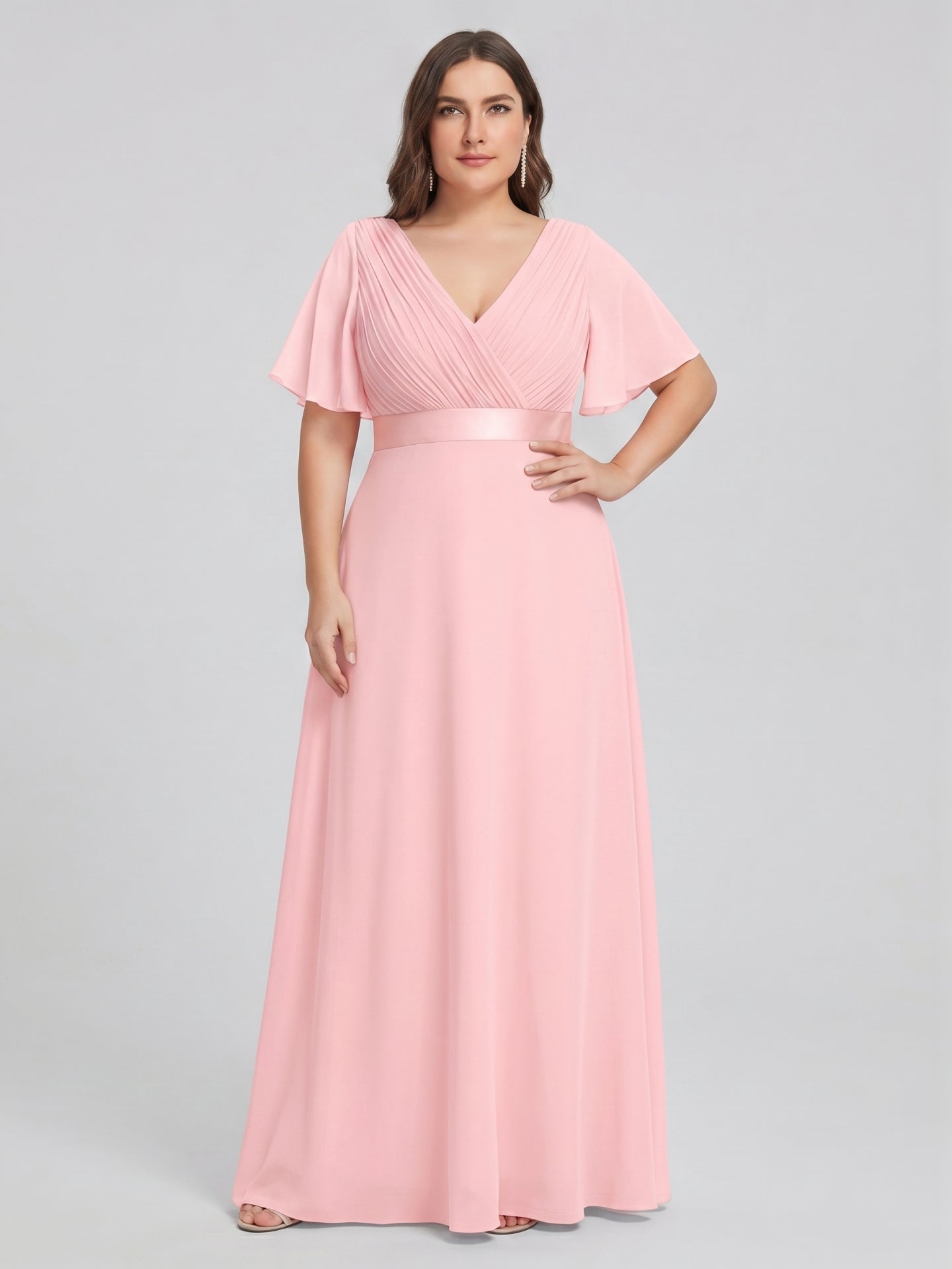 Coquette Petal Chiffon A-Line V-Neck V-Back Ankle-Length Plus Size Bridesmaid Dress