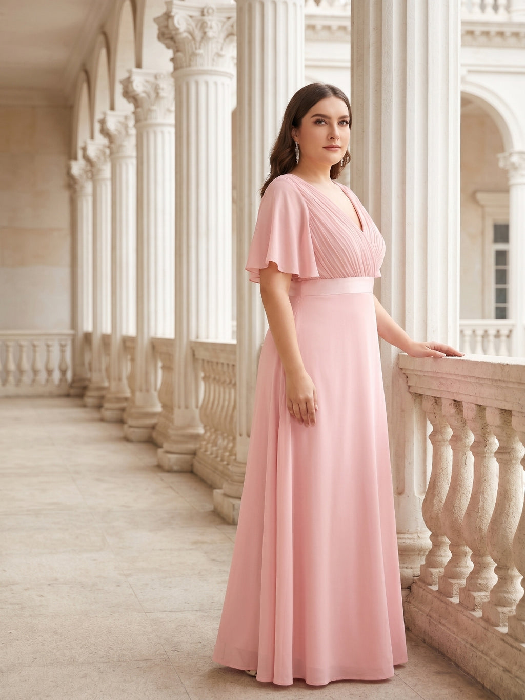 Coquette Petal Chiffon A-Line V-Neck V-Back Ankle-Length Plus Size Bridesmaid Dress