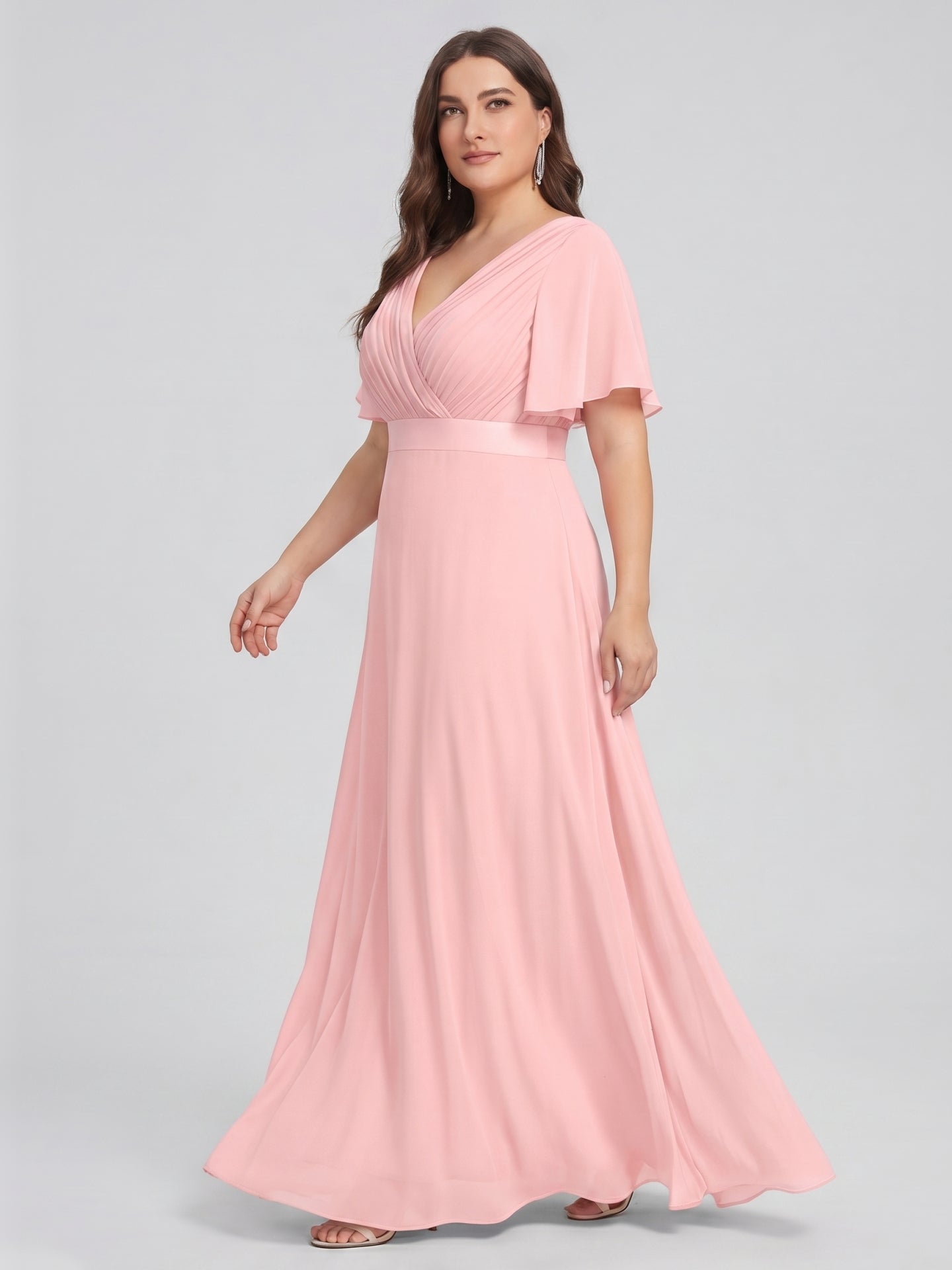 Coquette Petal Chiffon A-Line V-Neck V-Back Ankle-Length Plus Size Bridesmaid Dress
