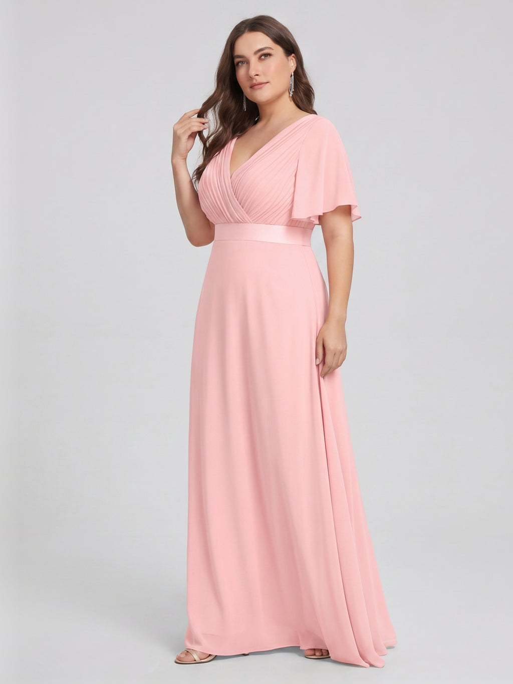 Coquette Petal Chiffon A-Line V-Neck V-Back Ankle-Length Plus Size Bridesmaid Dress