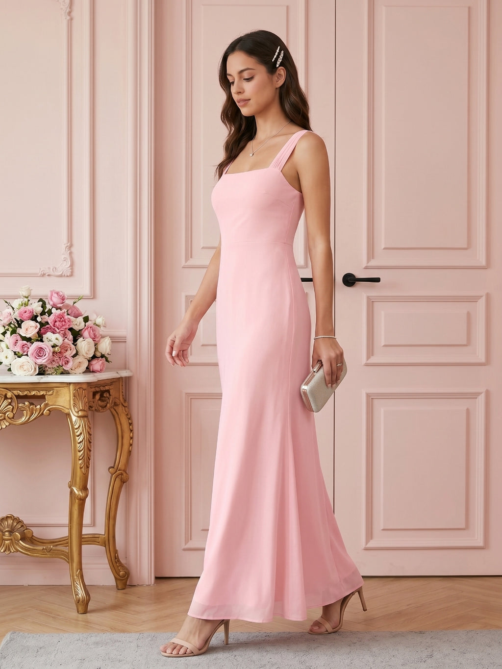 Coquette Petal Chiffon Sheath Square Neck Backless Ankle-Length  Bridesmaid Dress