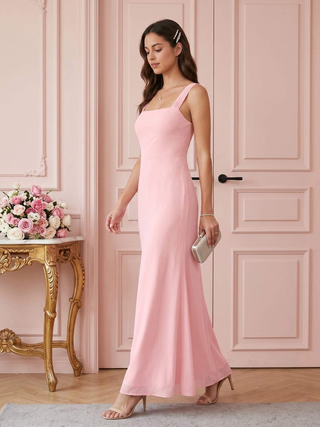 Coquette Petal Chiffon Sheath Square Neck Backless Ankle-Length  Bridesmaid Dress