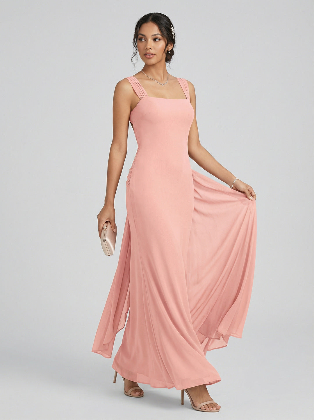 Coquette Petal Chiffon Sheath Square Neck Backless Ankle-Length  Bridesmaid Dress