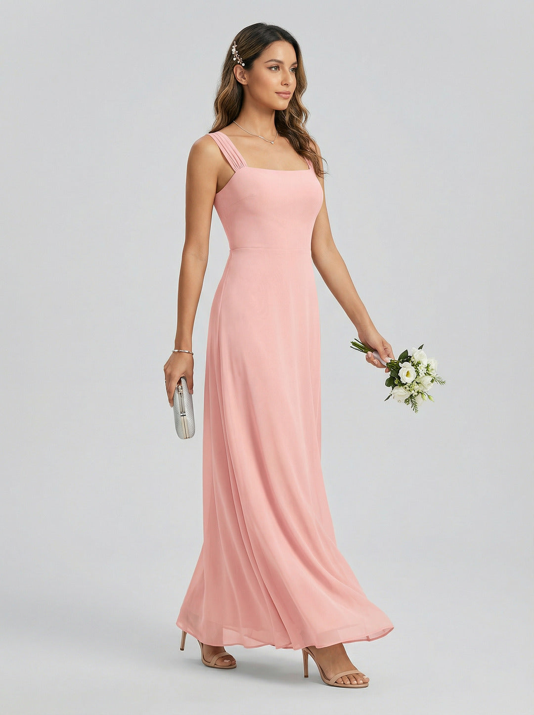 Coquette Petal Chiffon Sheath Square Neck Backless Ankle-Length  Bridesmaid Dress