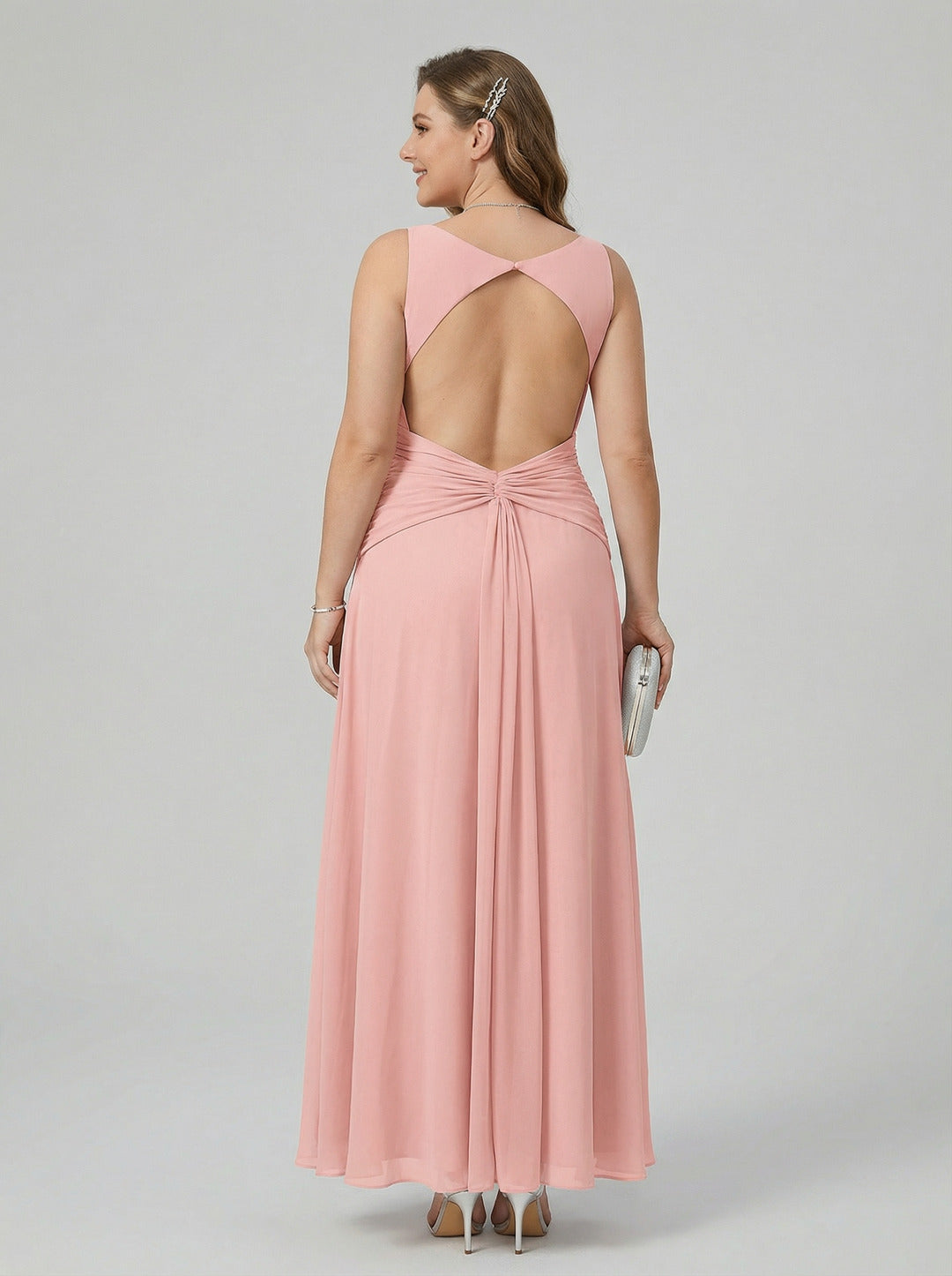 Coquette Petal Chiffon Sheath Square Neck Backless Ankle-Length  Bridesmaid Dress