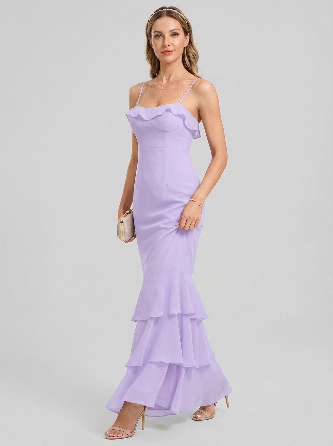 Coquette Wisteria Chiffon mermaid Straight Neck Back Zip Ankle-Length Bridesmaid Dress