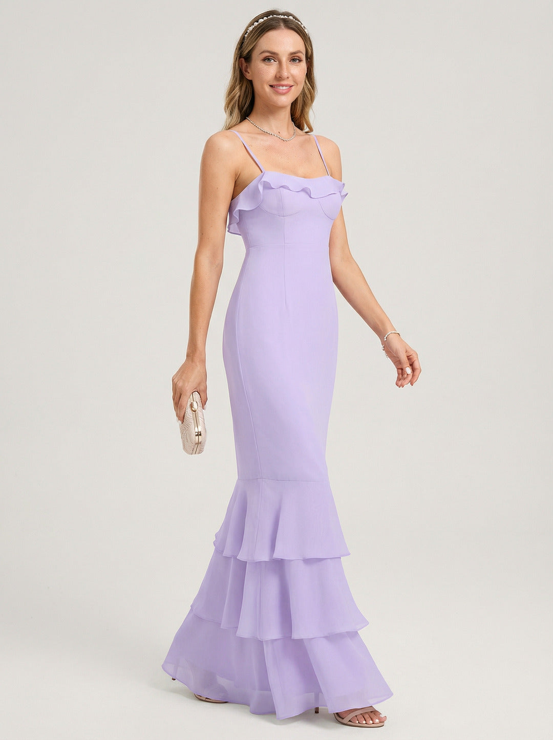 Coquette Wisteria Chiffon mermaid Straight Neck Back Zip Ankle-Length Bridesmaid Dress