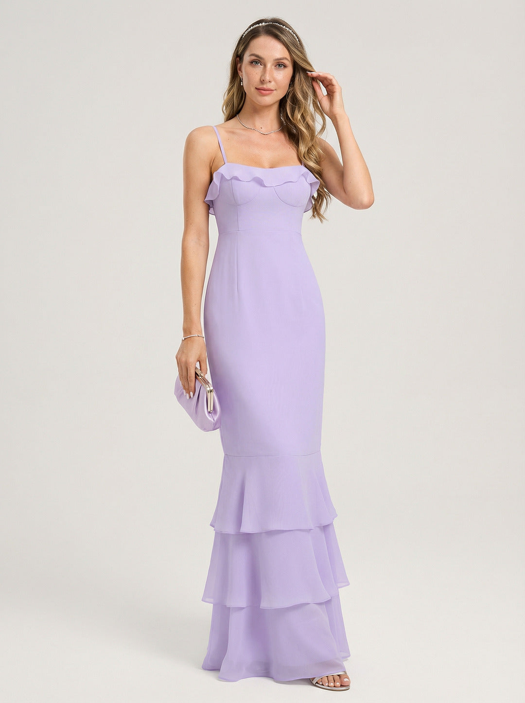 Coquette Wisteria Chiffon mermaid Straight Neck Back Zip Ankle-Length Bridesmaid Dress