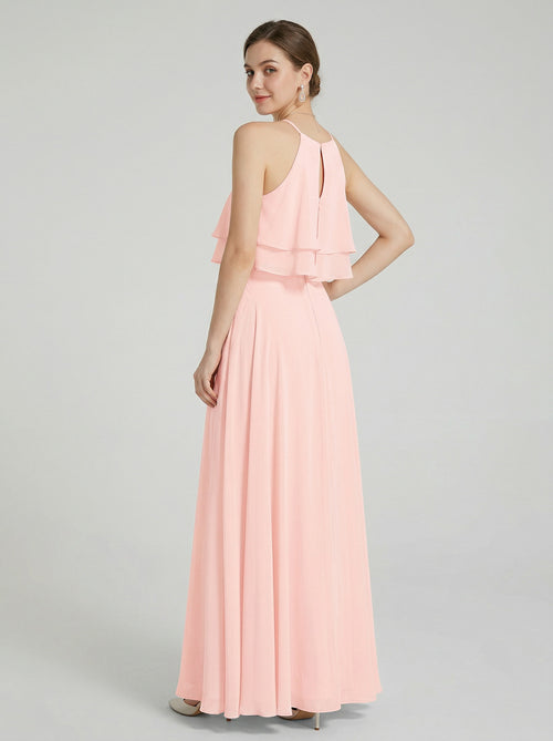 Coquette Pearl Pink Chiffon A-Line Halter neckline Back Zip with Ruffle Ankle-Length Bridesmaid Dress