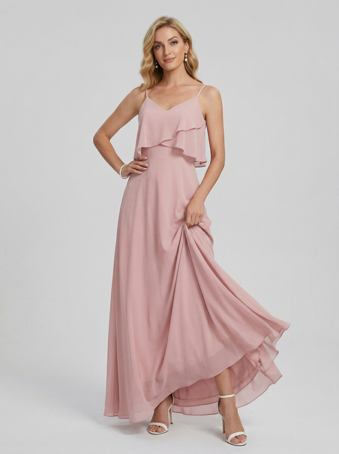 Coquette Dusty Rose Chiffon A-Line V-Neck Back Zip with Ruffle Ankle-Length Bridesmaid Dress