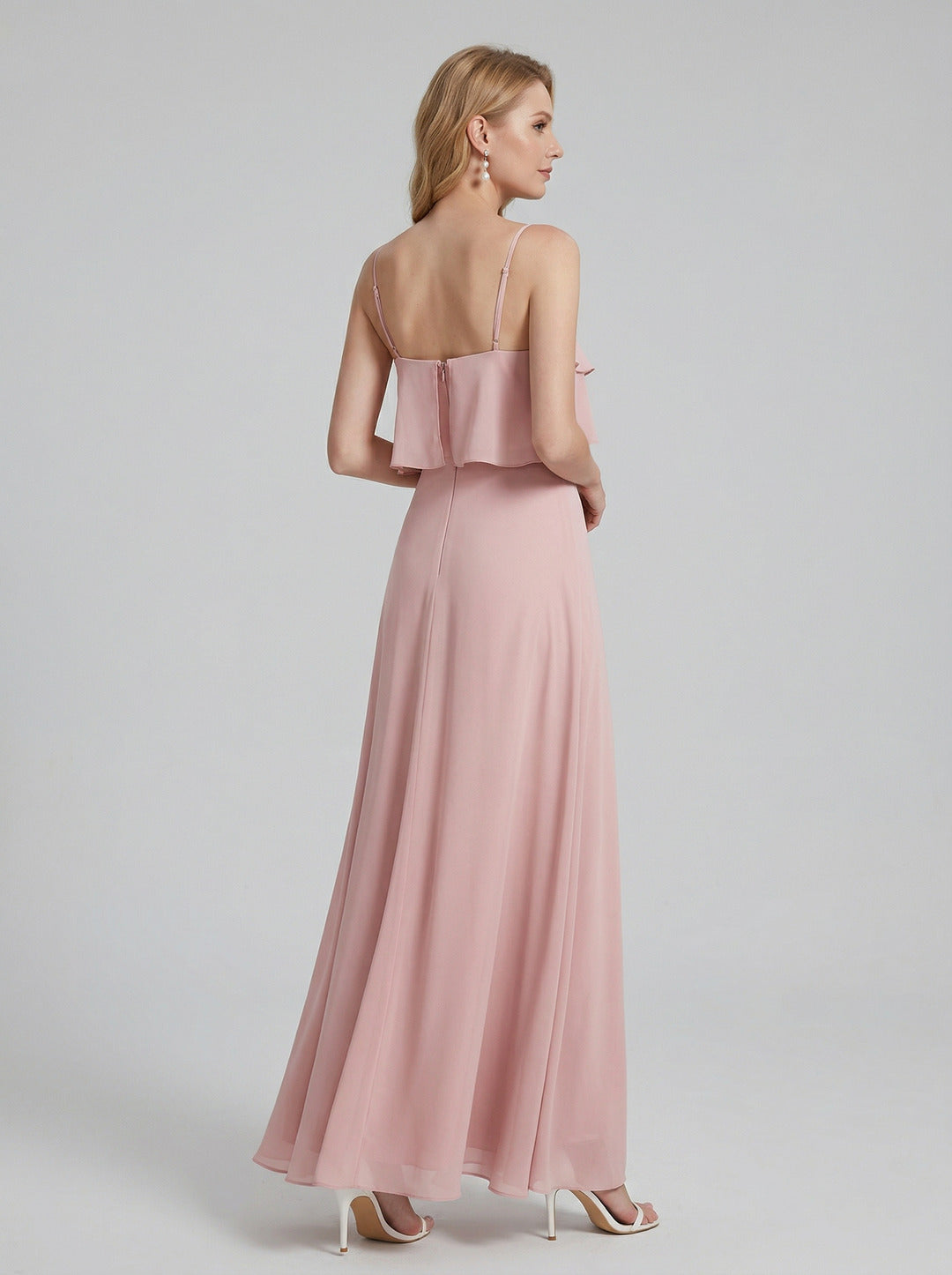 Coquette Dusty Rose Chiffon A-Line V-Neck Back Zip with Ruffle Ankle-Length Bridesmaid Dress