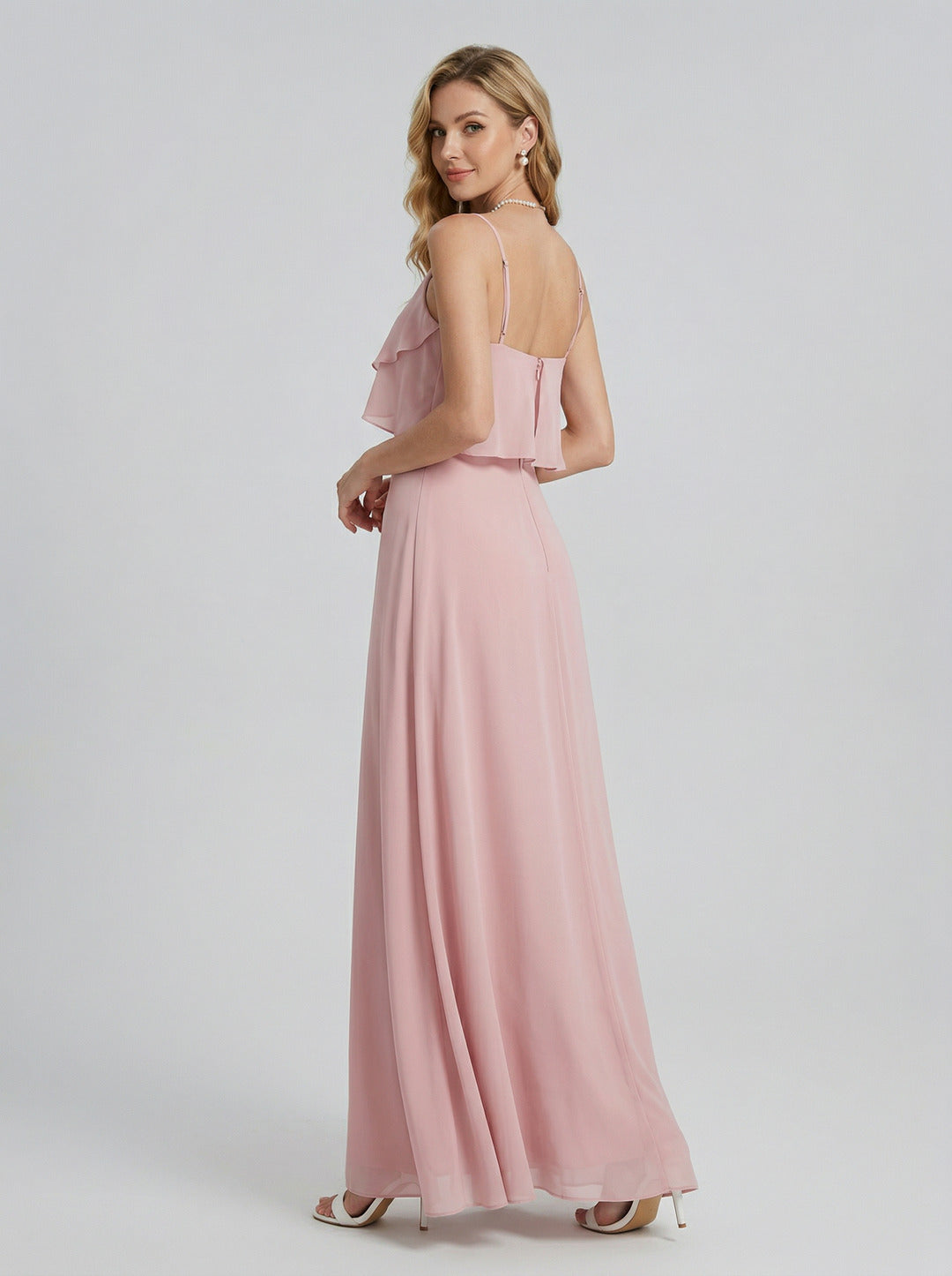 Coquette Dusty Rose Chiffon A-Line V-Neck Back Zip with Ruffle Ankle-Length Bridesmaid Dress