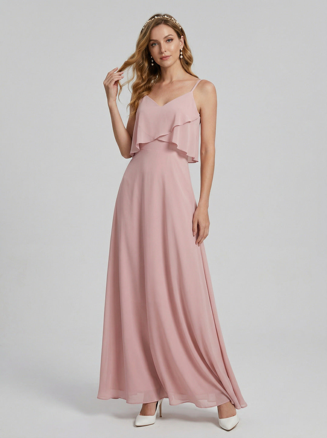 Coquette Dusty Rose Chiffon A-Line V-Neck Back Zip with Ruffle Ankle-Length Bridesmaid Dress