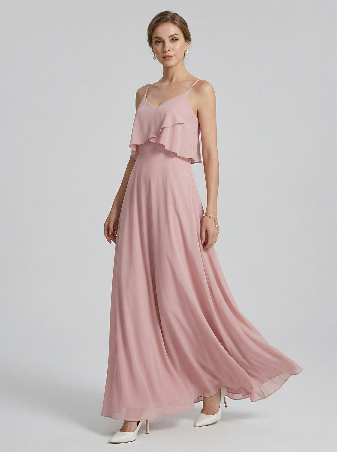 Coquette Dusty Rose Chiffon A-Line V-Neck Back Zip with Ruffle Ankle-Length Bridesmaid Dress