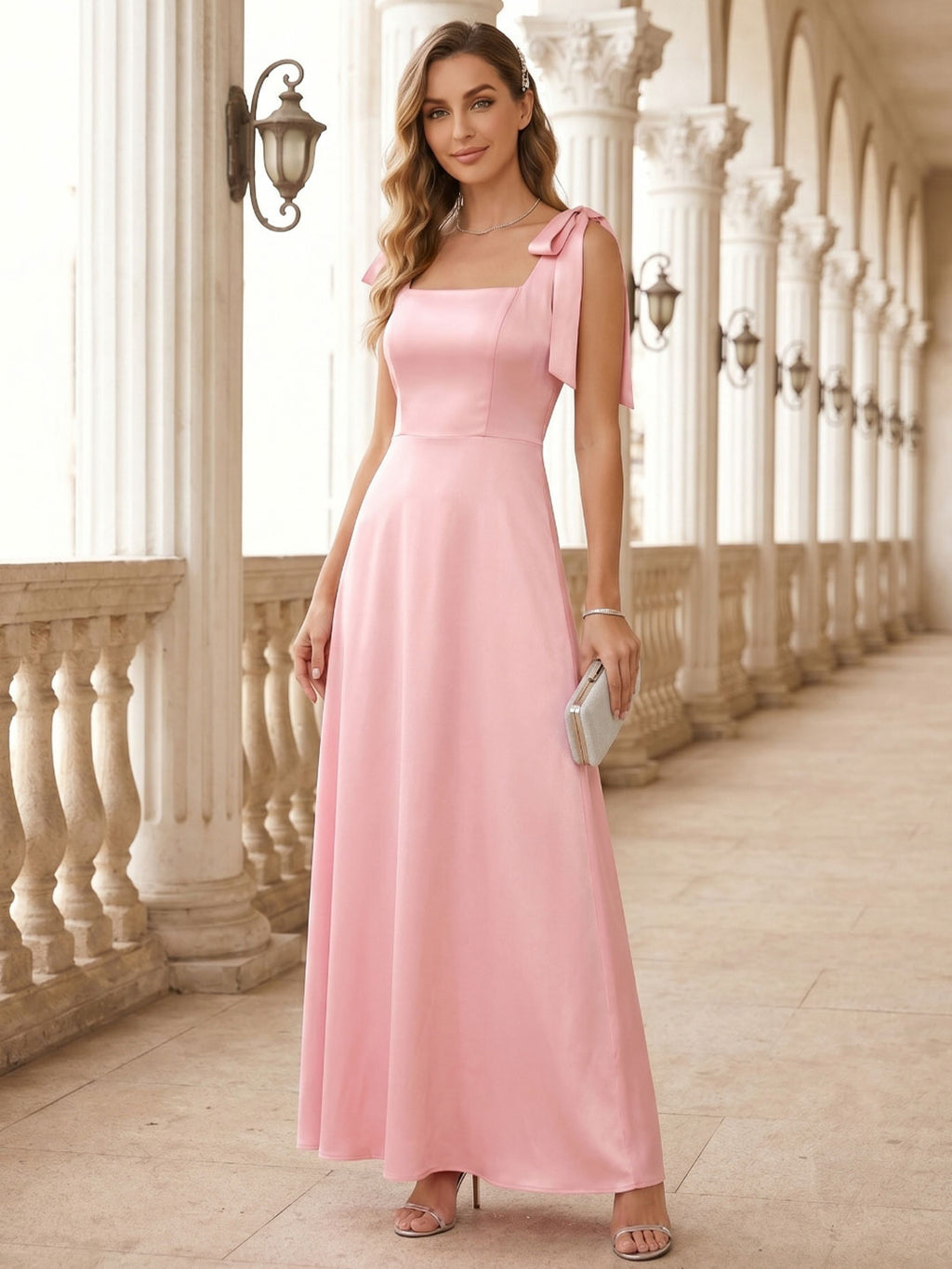 Coquette Petal Satin A-Line Square Neck Back Zip Ankle-Length Bridesmaid Dress