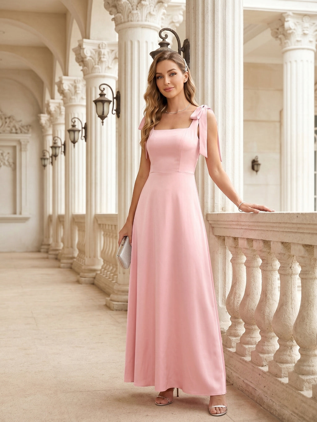 Coquette Petal Satin A-Line Square Neck Back Zip Ankle-Length Bridesmaid Dress