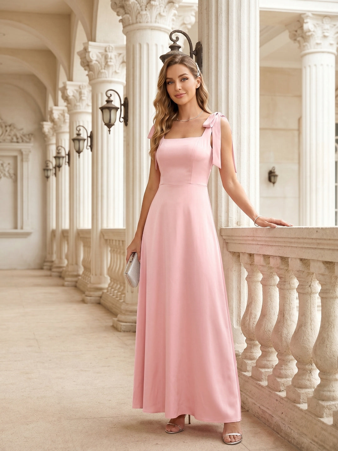 Coquette Petal Satin A-Line Square Neck Back Zip Ankle-Length Bridesmaid Dress