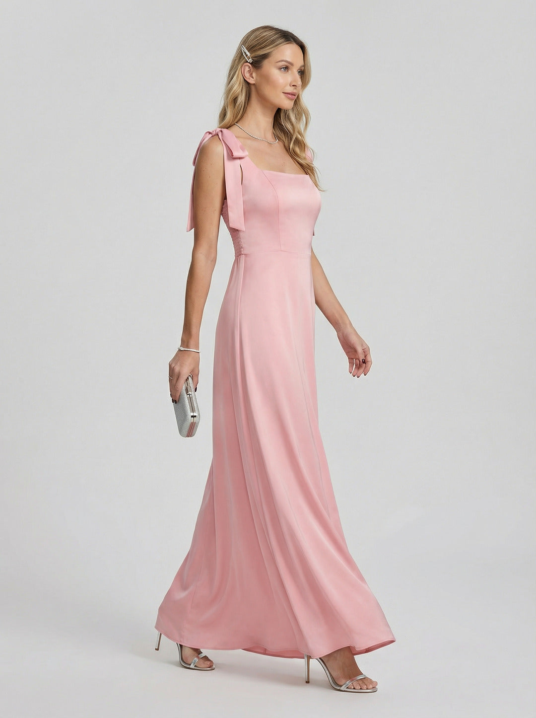 Coquette Petal Satin A-Line Square Neck Back Zip Ankle-Length Bridesmaid Dress