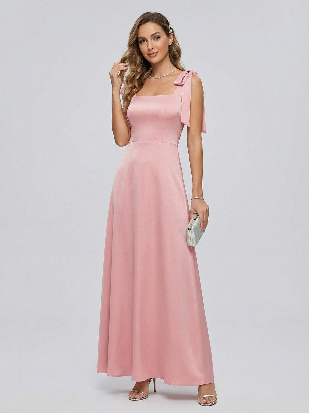 Coquette Petal Satin A-Line Square Neck Back Zip Ankle-Length Bridesmaid Dress