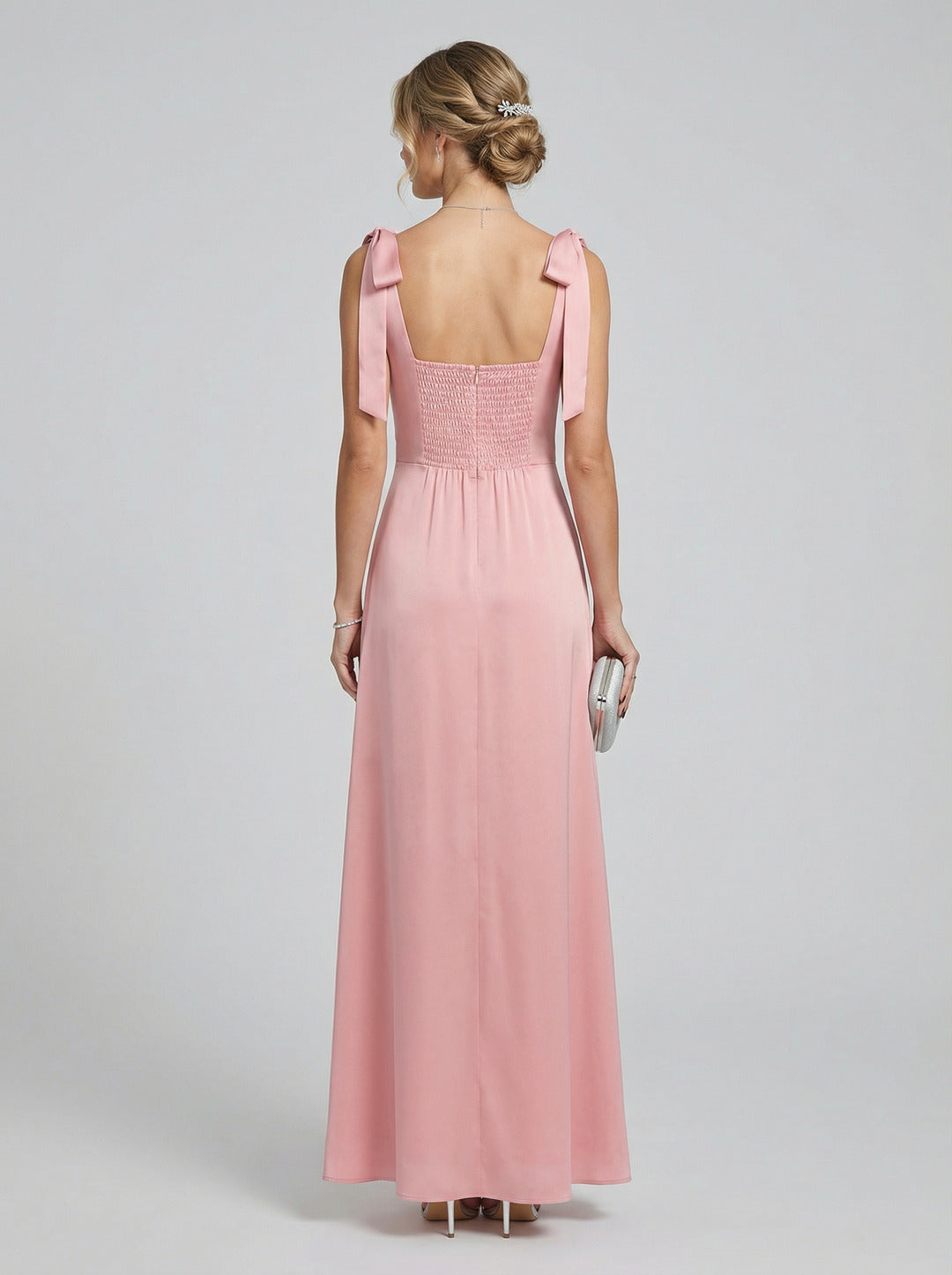 Coquette Petal Satin A-Line Square Neck Back Zip Ankle-Length Bridesmaid Dress