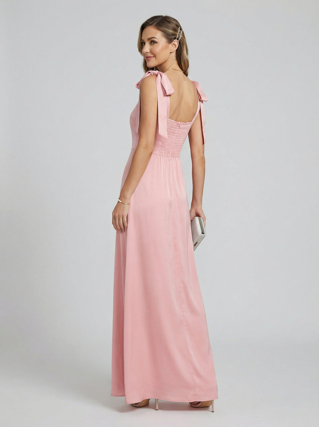 Coquette Petal Satin A-Line Square Neck Back Zip Ankle-Length Bridesmaid Dress