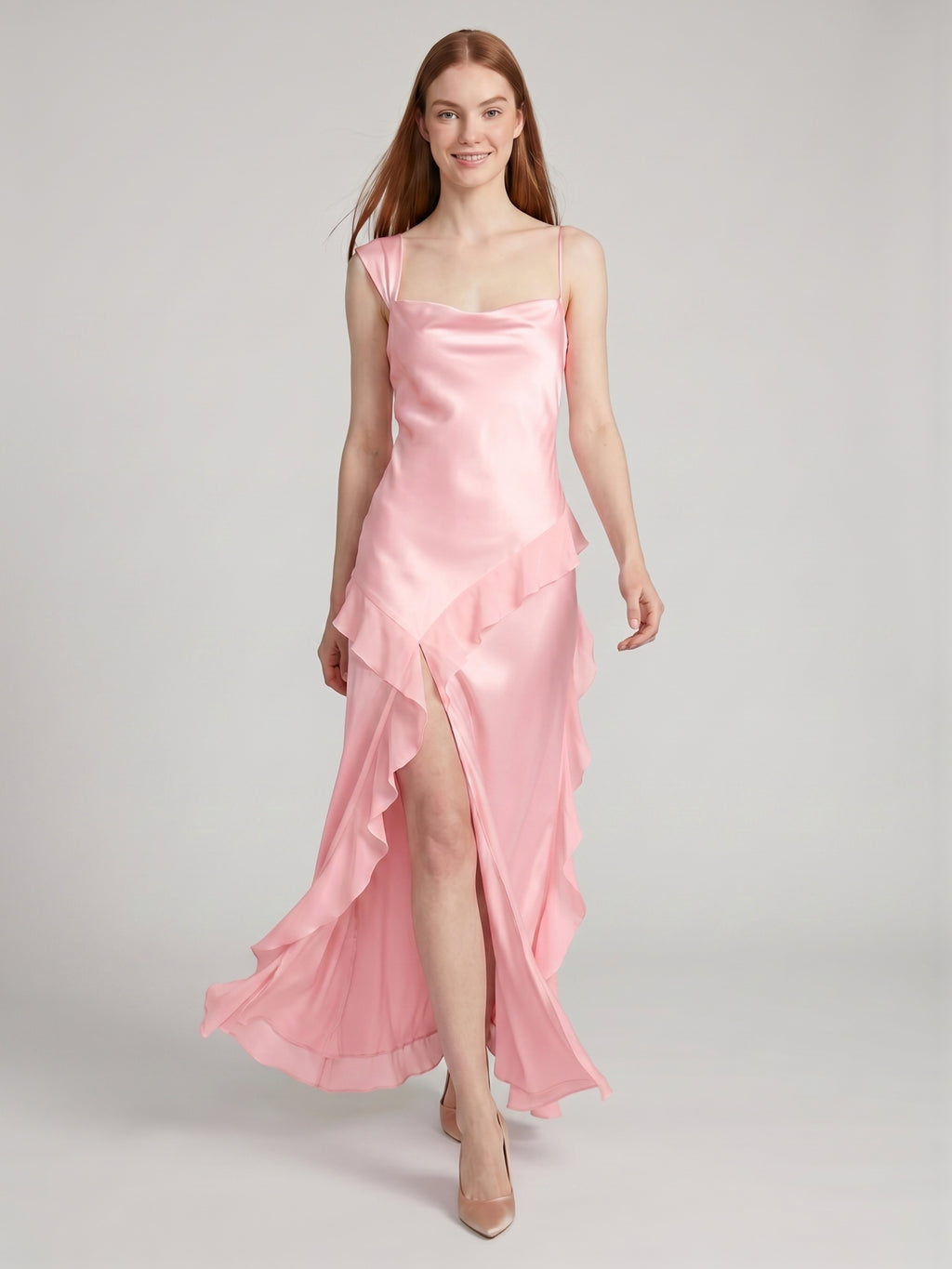 Coquette Petal Satin A-Line Square Neck Backless with Ruffle Ankle-Length Bridesmaid Dress