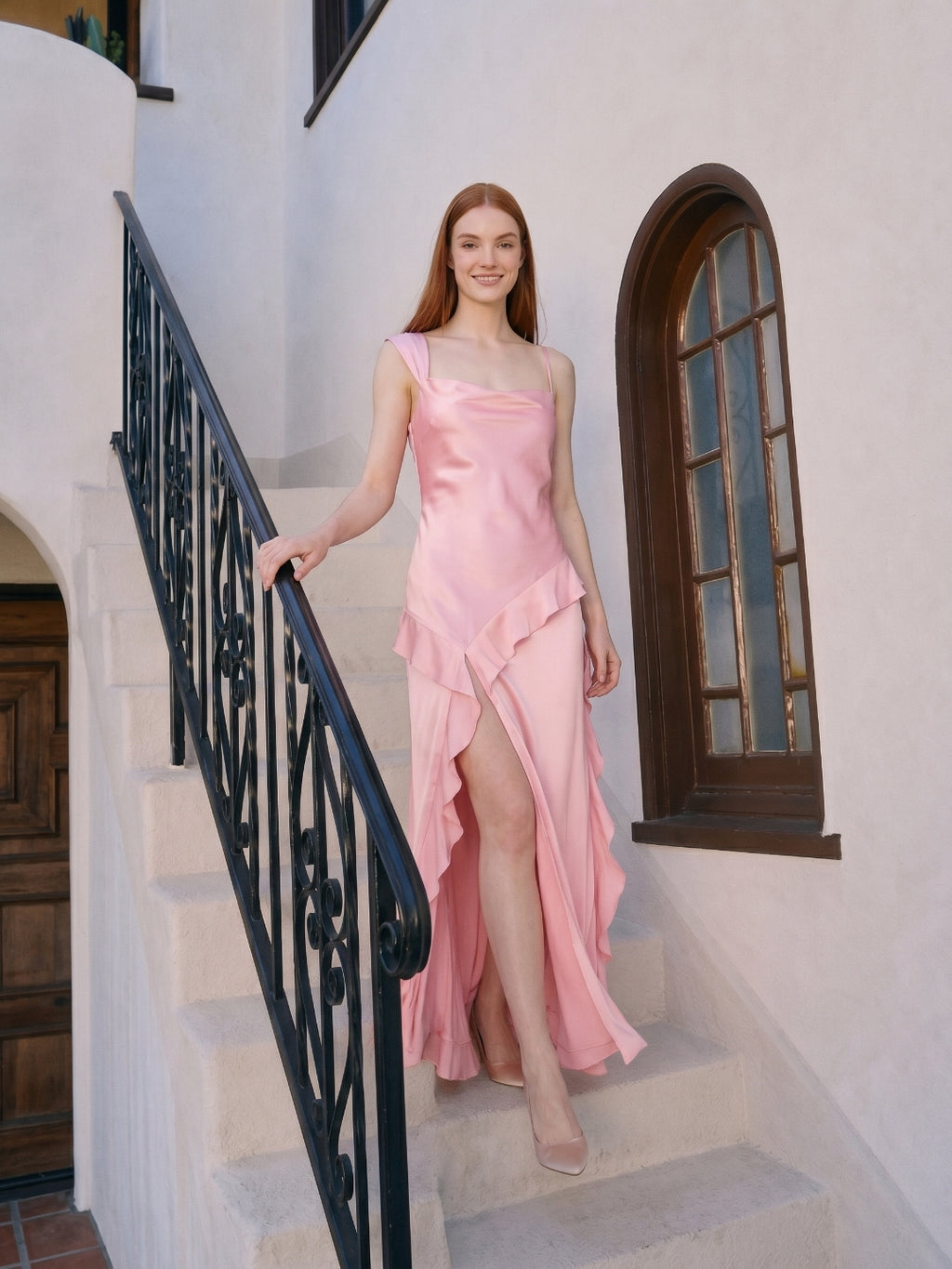Coquette Petal Satin A-Line Square Neck Backless with Ruffle Ankle-Length Bridesmaid Dress