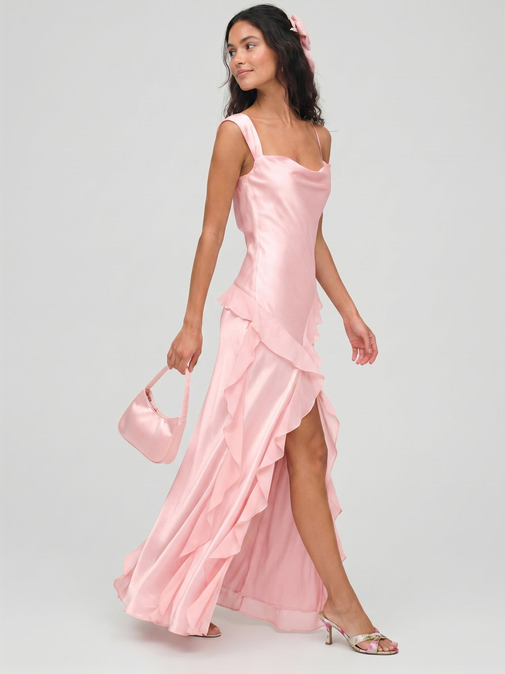 Coquette Petal Satin A-Line Square Neck Backless with Ruffle Ankle-Length Bridesmaid Dress