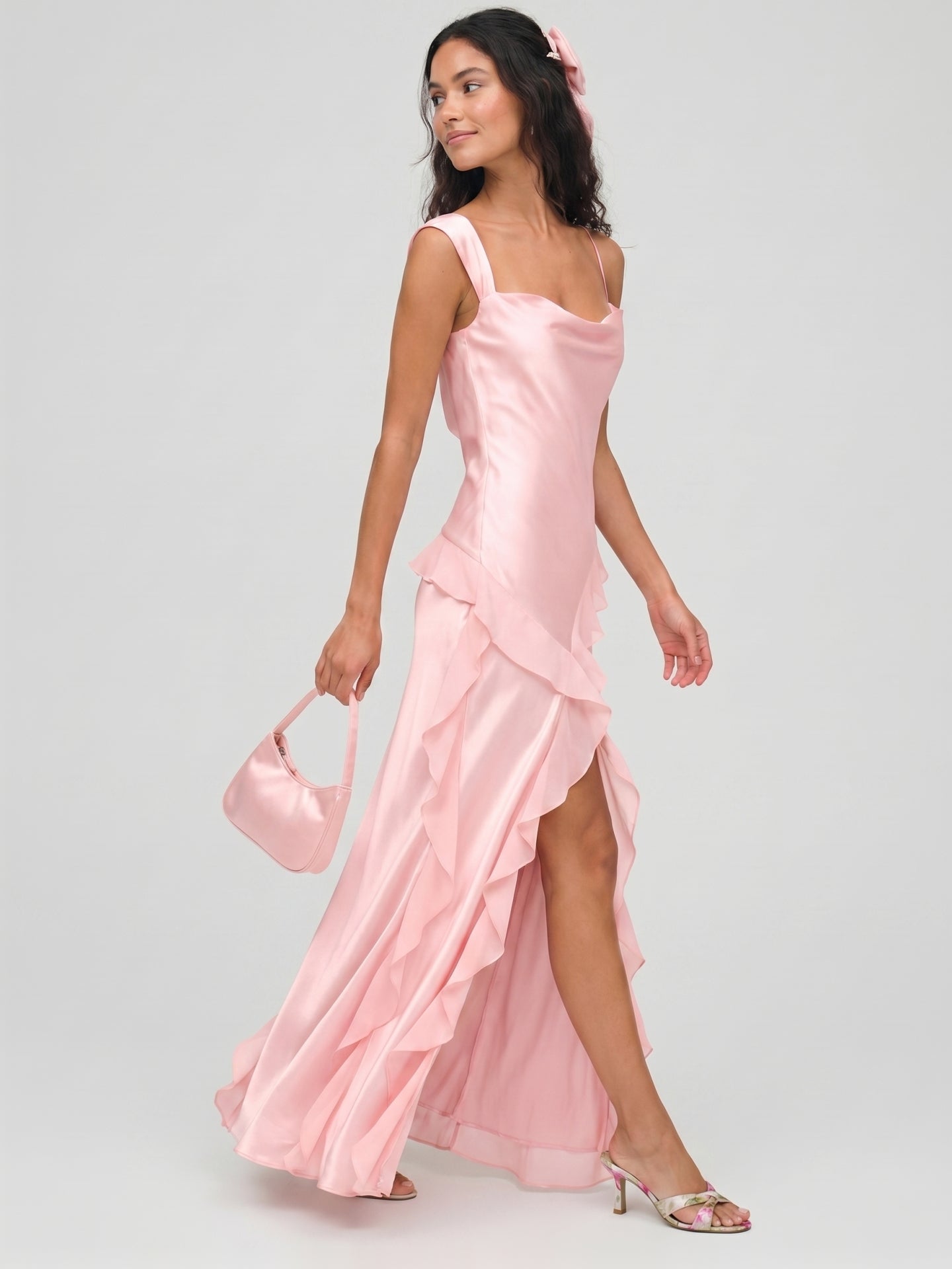 Coquette Petal Satin A-Line Square Neck Backless with Ruffle Ankle-Length Bridesmaid Dress