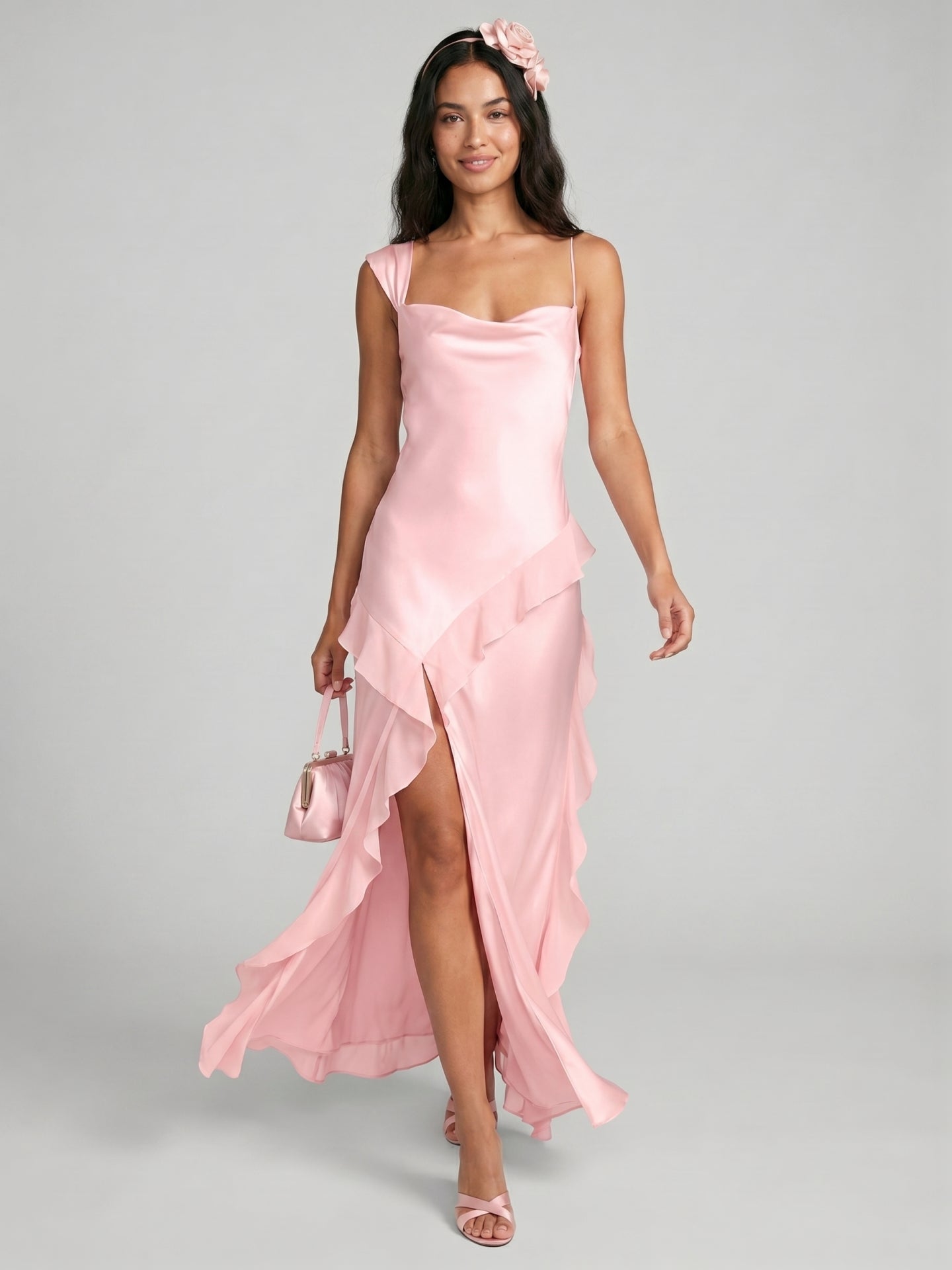 Coquette Petal Satin A-Line Square Neck Backless with Ruffle Ankle-Length Bridesmaid Dress