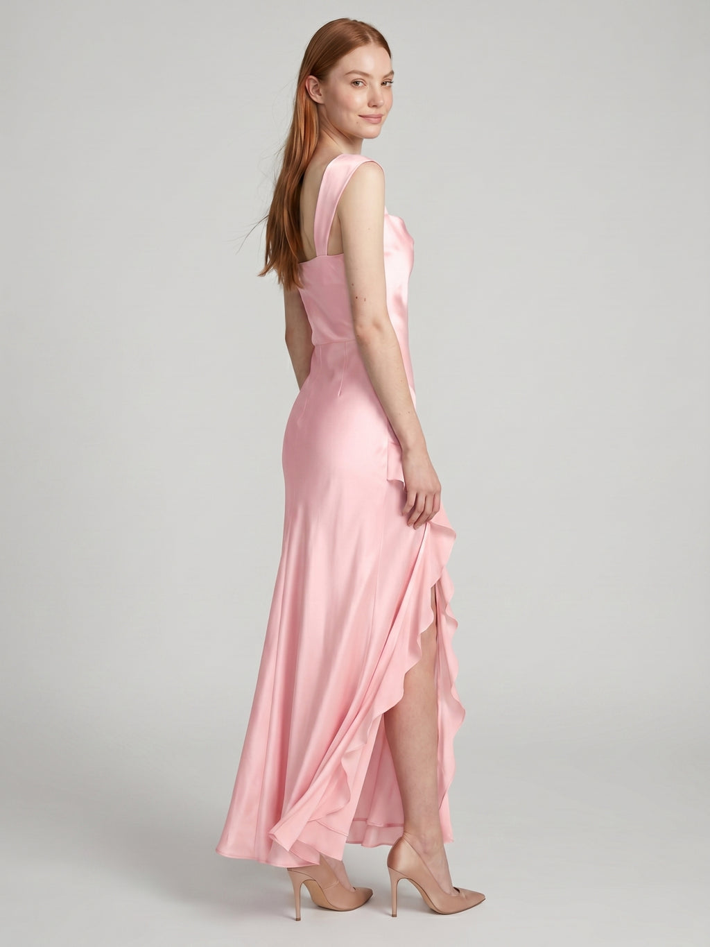 Coquette Petal Satin A-Line Square Neck Backless with Ruffle Ankle-Length Bridesmaid Dress