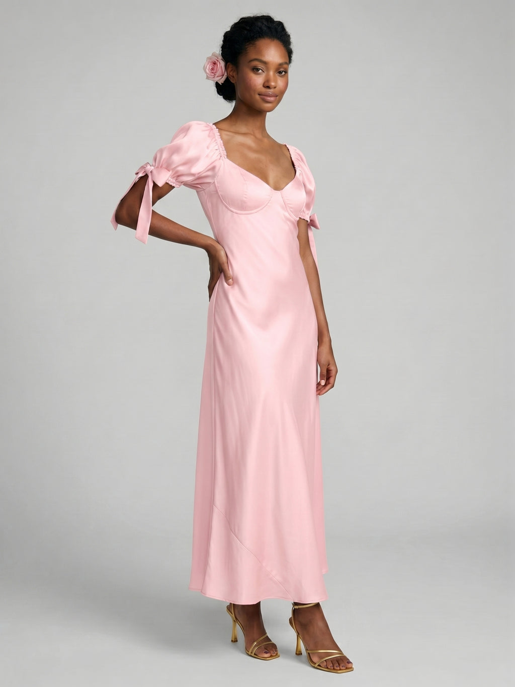 Coquette Petal Satin A-Line Sweetheart Backless Ankle-Length Bridesmaid Dress