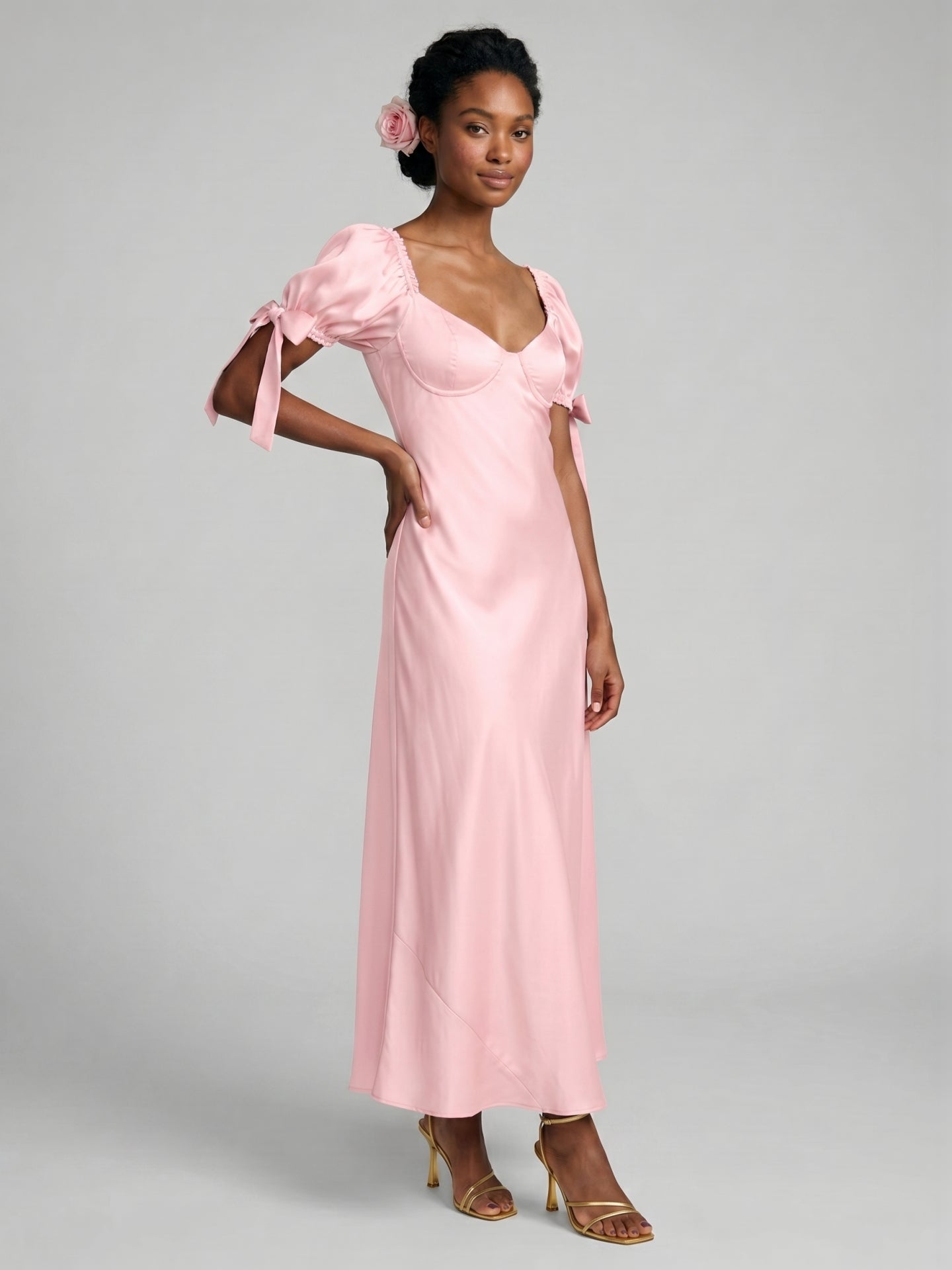 Coquette Petal Satin A-Line Sweetheart Backless Ankle-Length Bridesmaid Dress