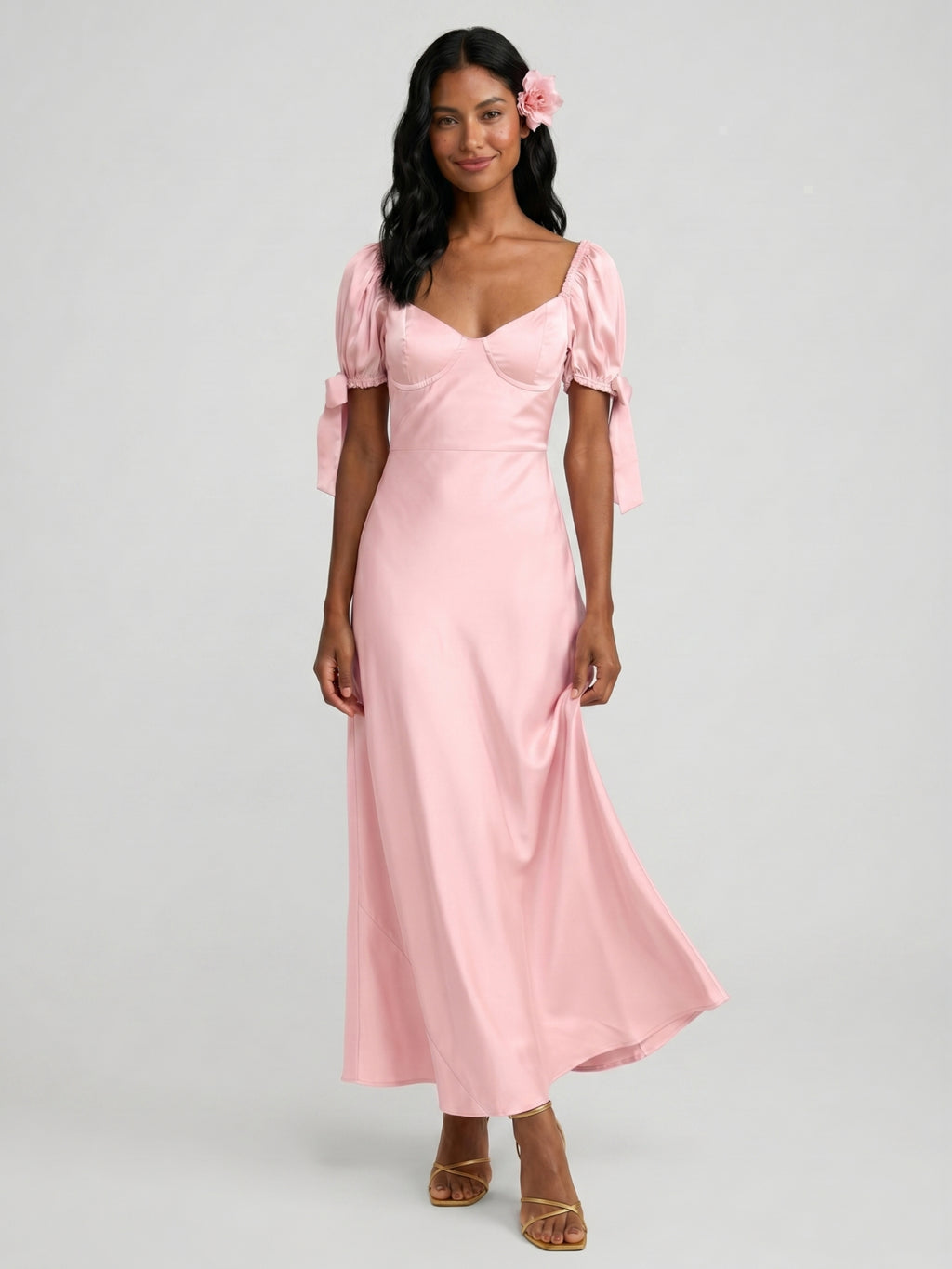 Coquette Petal Satin A-Line Sweetheart Backless Ankle-Length Bridesmaid Dress