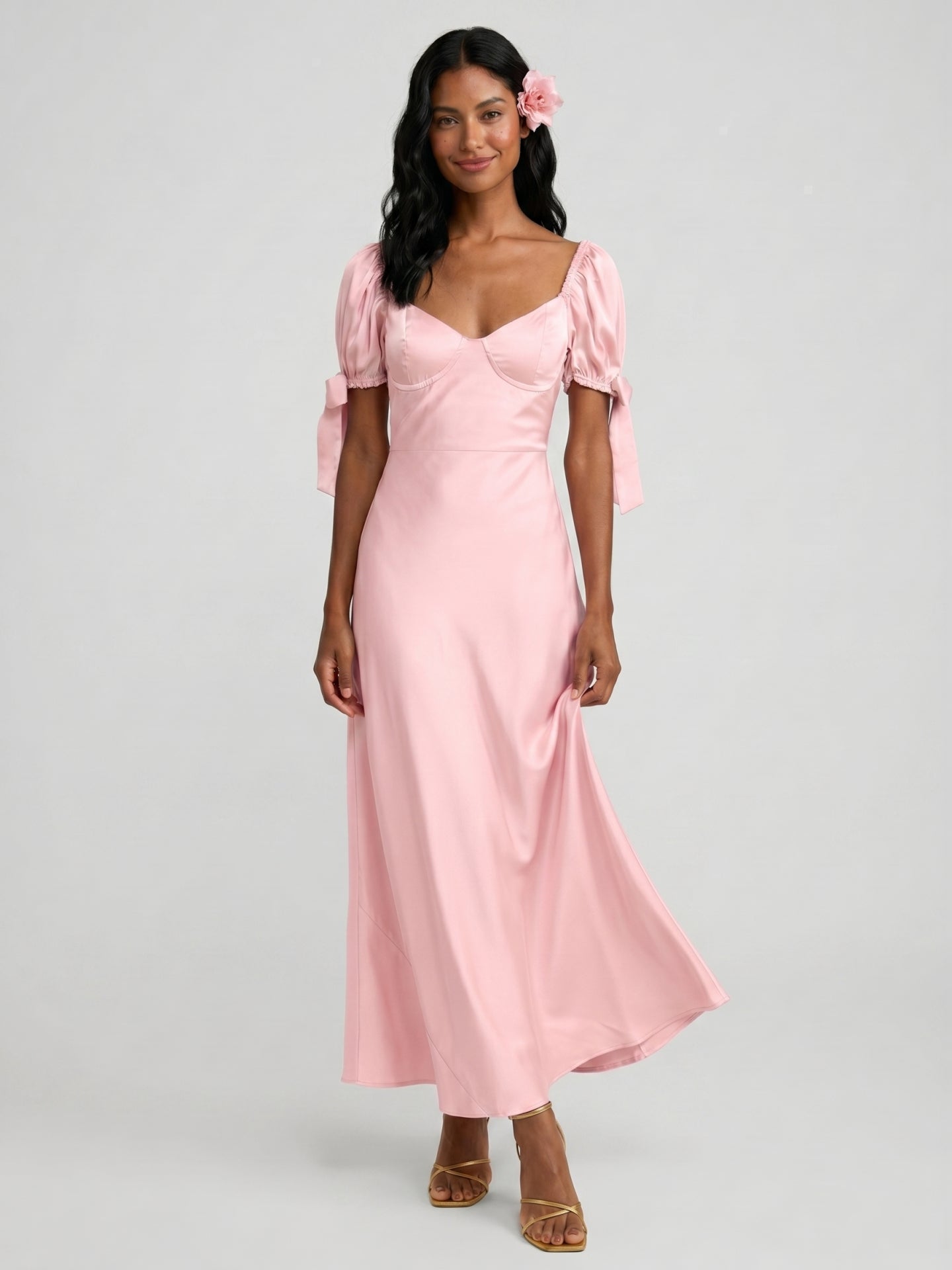 Coquette Petal Satin A-Line Sweetheart Backless Ankle-Length Bridesmaid Dress