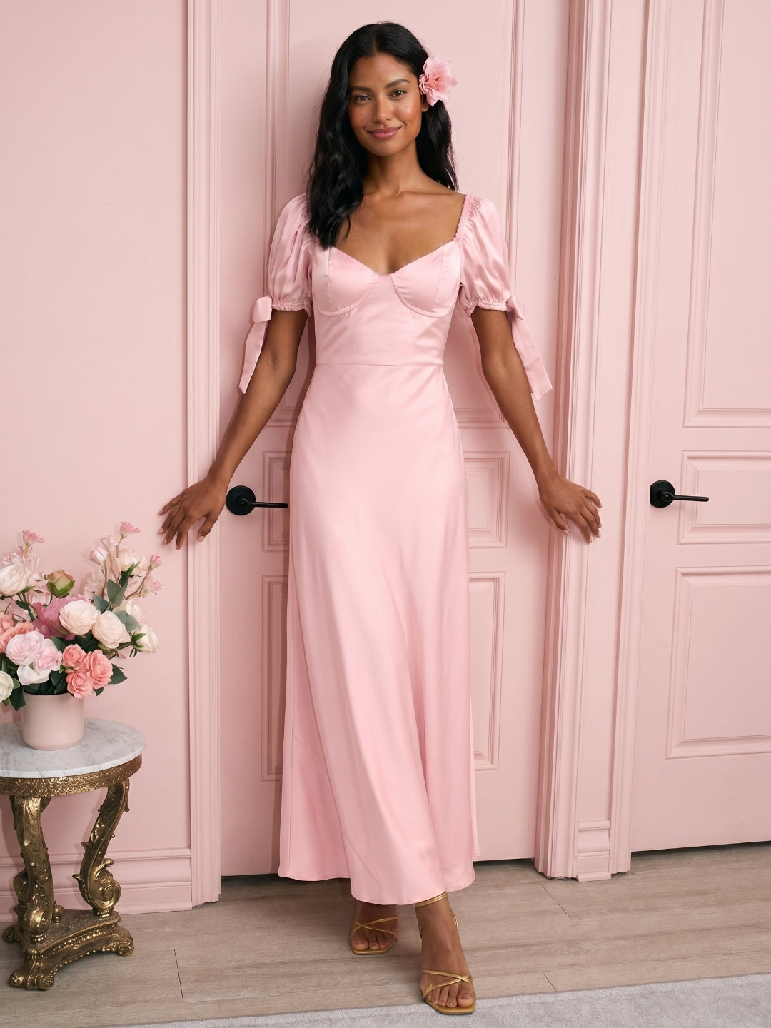 Coquette Petal Satin A-Line Sweetheart Backless Ankle-Length Bridesmaid Dress