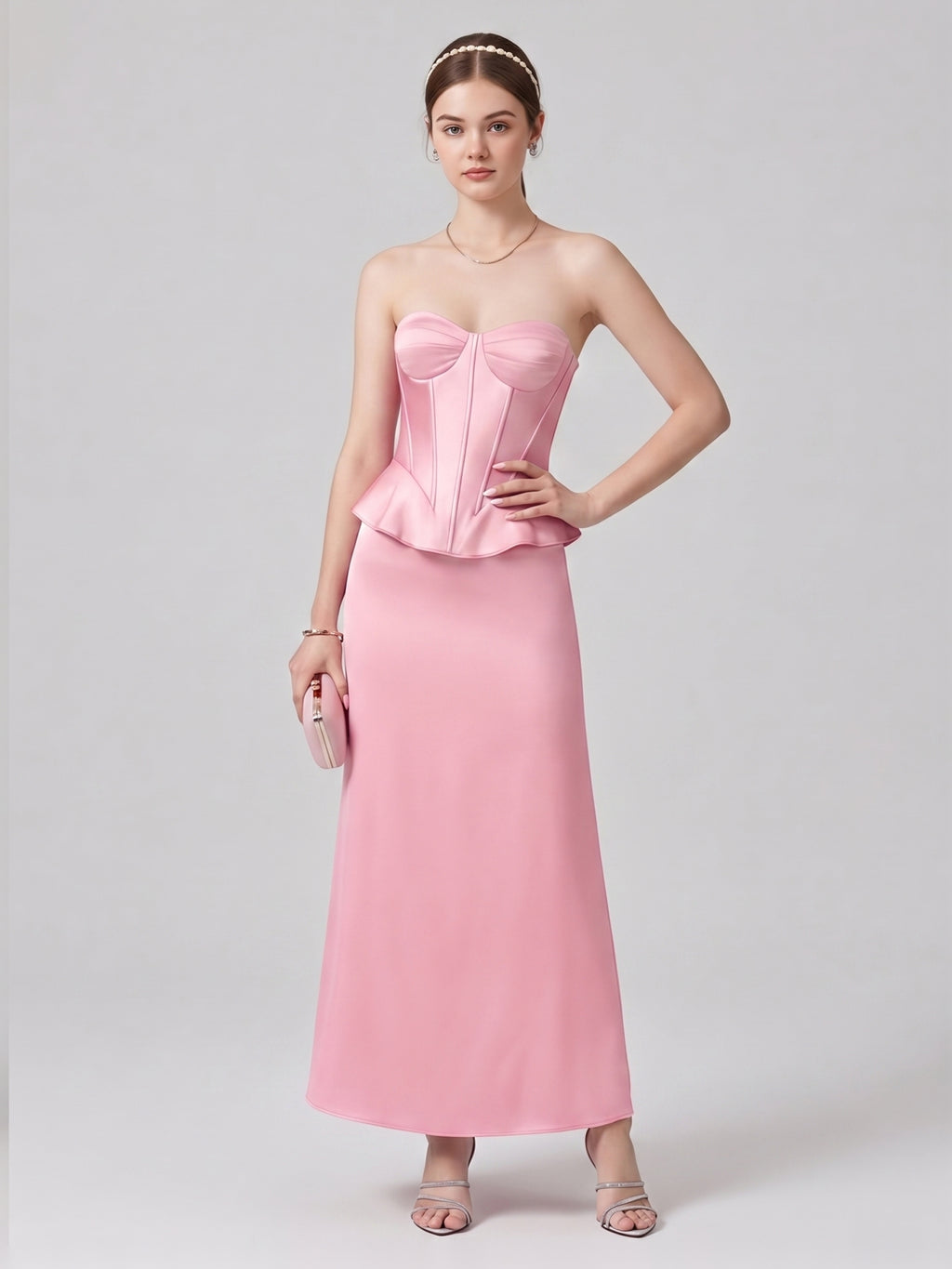 Coquette Petal Satin column Straight Neck Back Zip with Pleated Ankle-Length Bridesmaid Dress