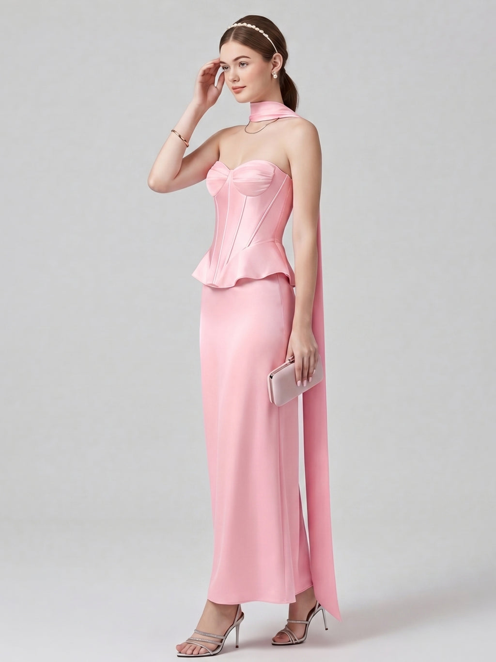 Coquette Petal Satin column Straight Neck Back Zip with Pleated Ankle-Length Bridesmaid Dress