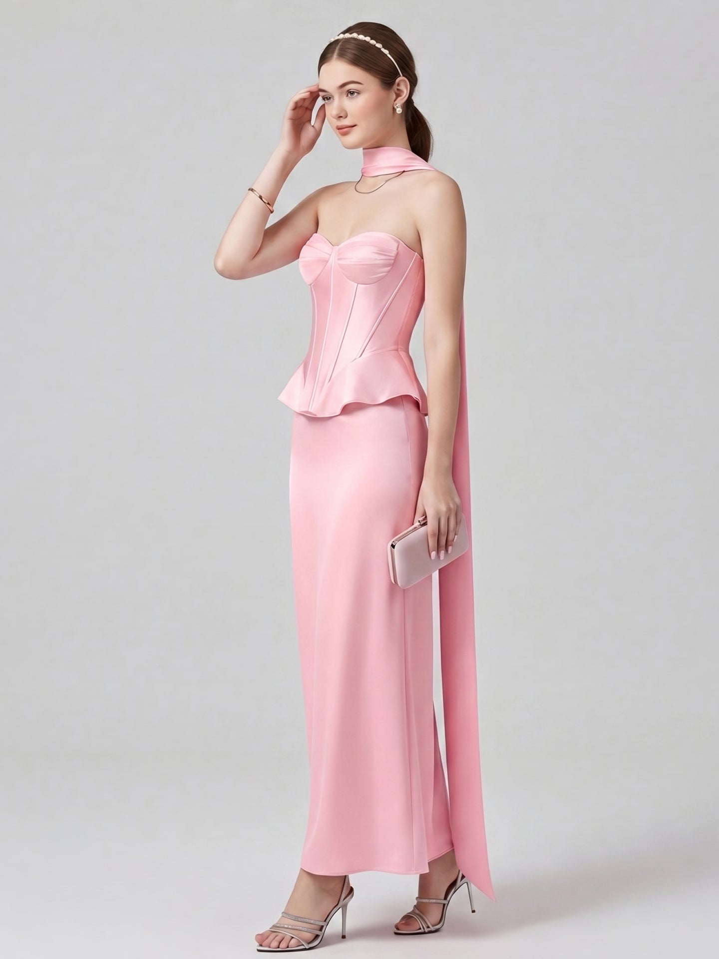 Coquette Petal Satin column Straight Neck Back Zip with Pleated Ankle-Length Bridesmaid Dress