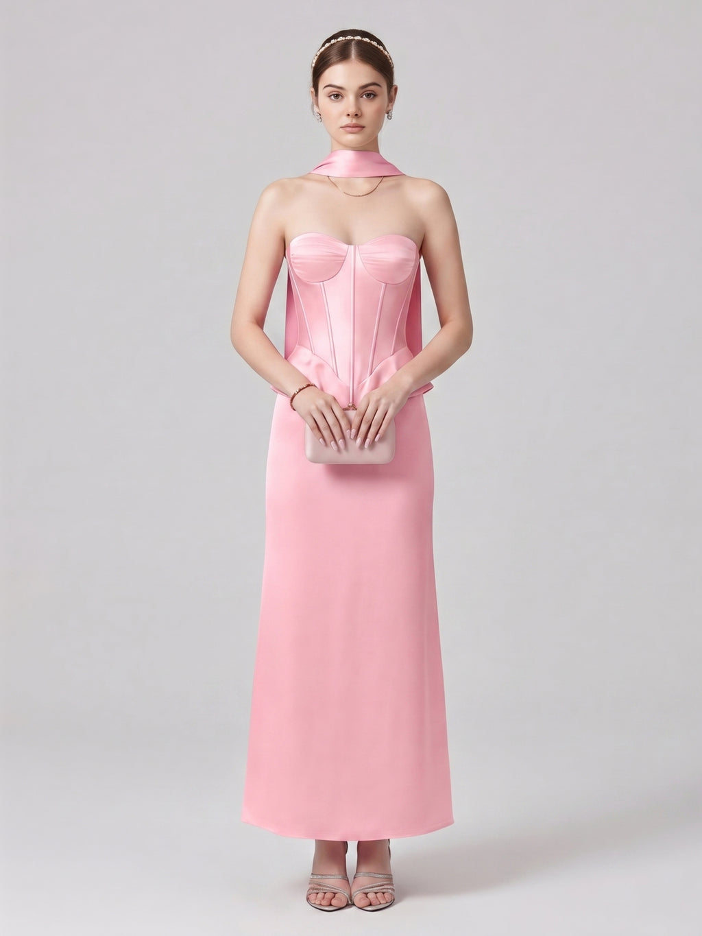 Coquette Petal Satin column Straight Neck Back Zip with Pleated Ankle-Length Bridesmaid Dress