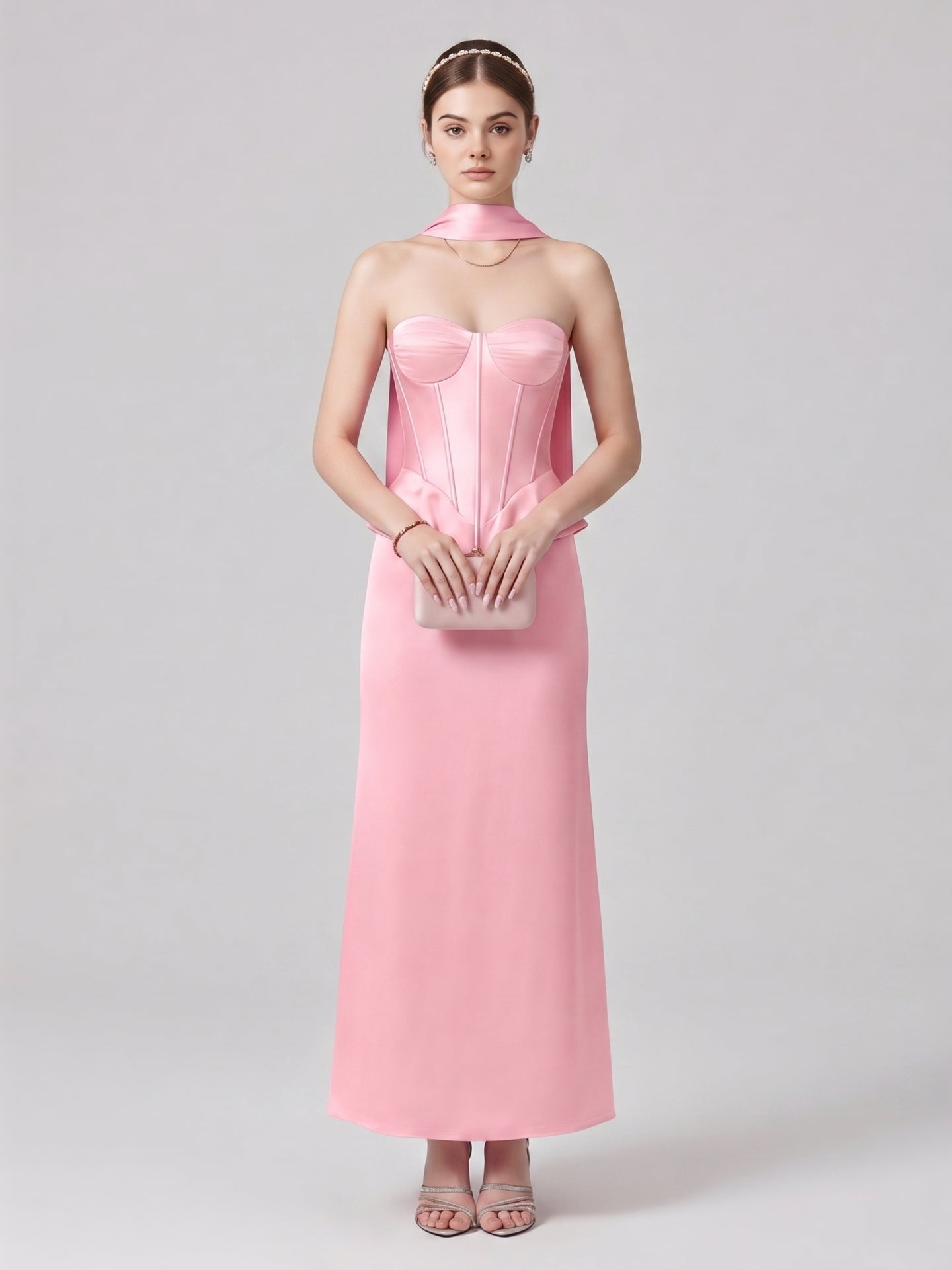 Coquette Petal Satin column Straight Neck Back Zip with Pleated Ankle-Length Bridesmaid Dress
