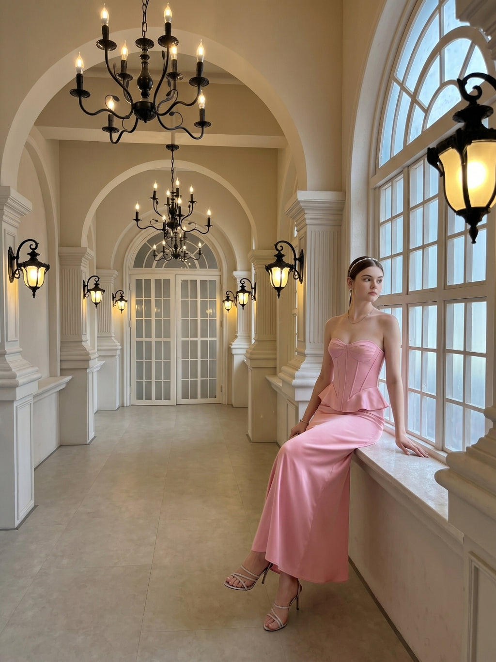 Coquette Petal Satin column Straight Neck Back Zip with Pleated Ankle-Length Bridesmaid Dress