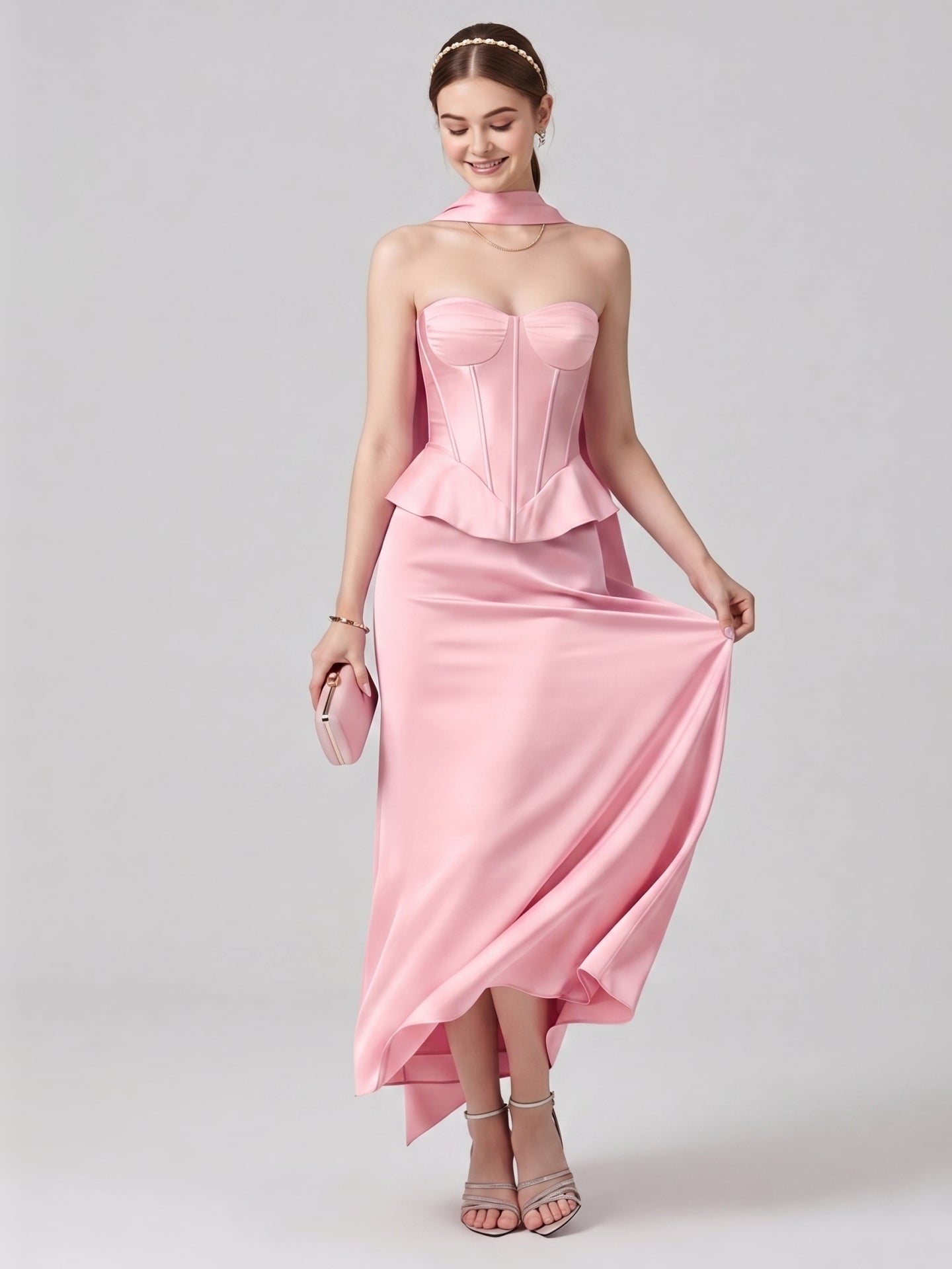 Coquette Petal Satin column Straight Neck Back Zip with Pleated Ankle-Length Bridesmaid Dress