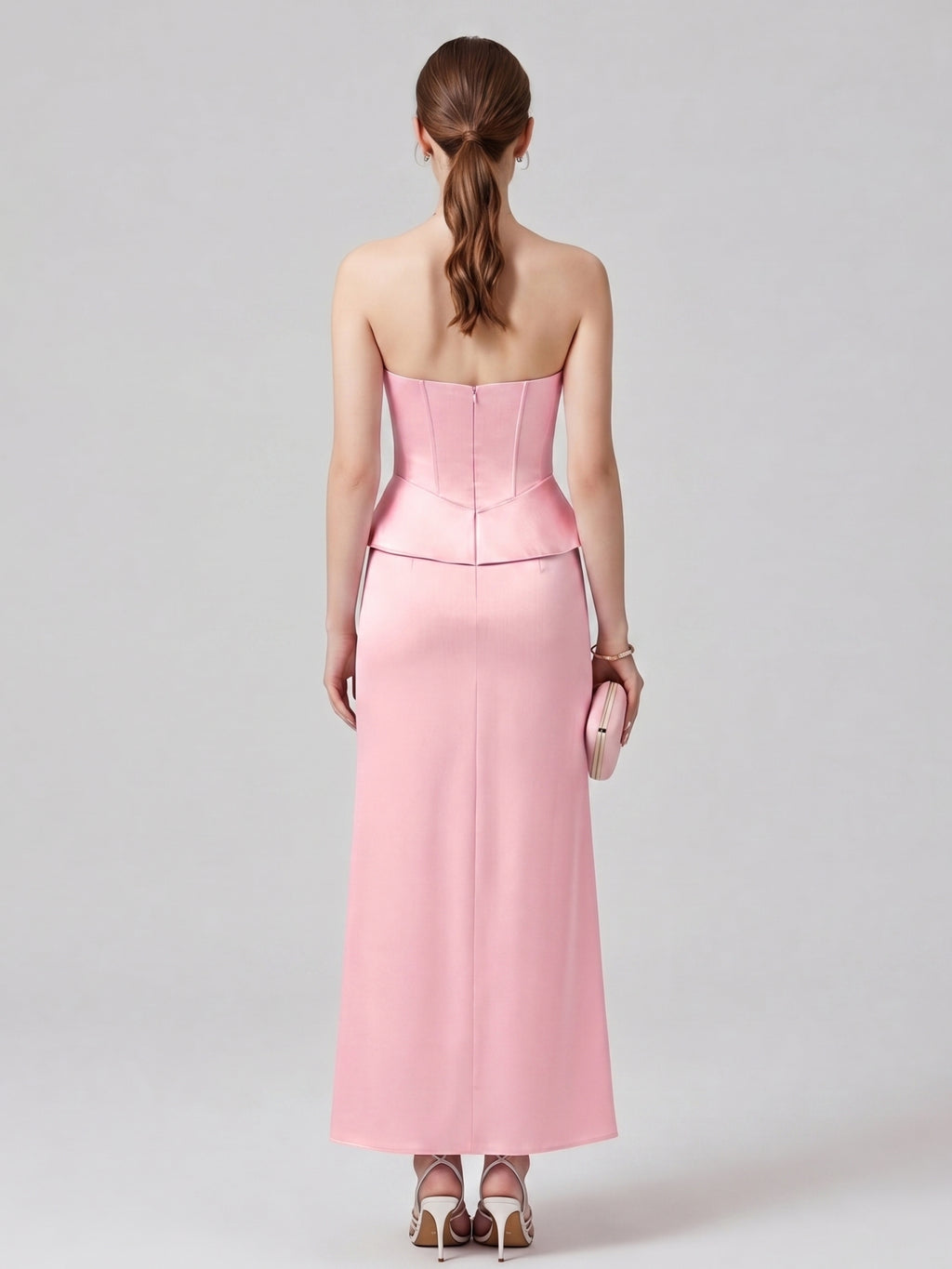 Coquette Petal Satin column Straight Neck Back Zip with Pleated Ankle-Length Bridesmaid Dress